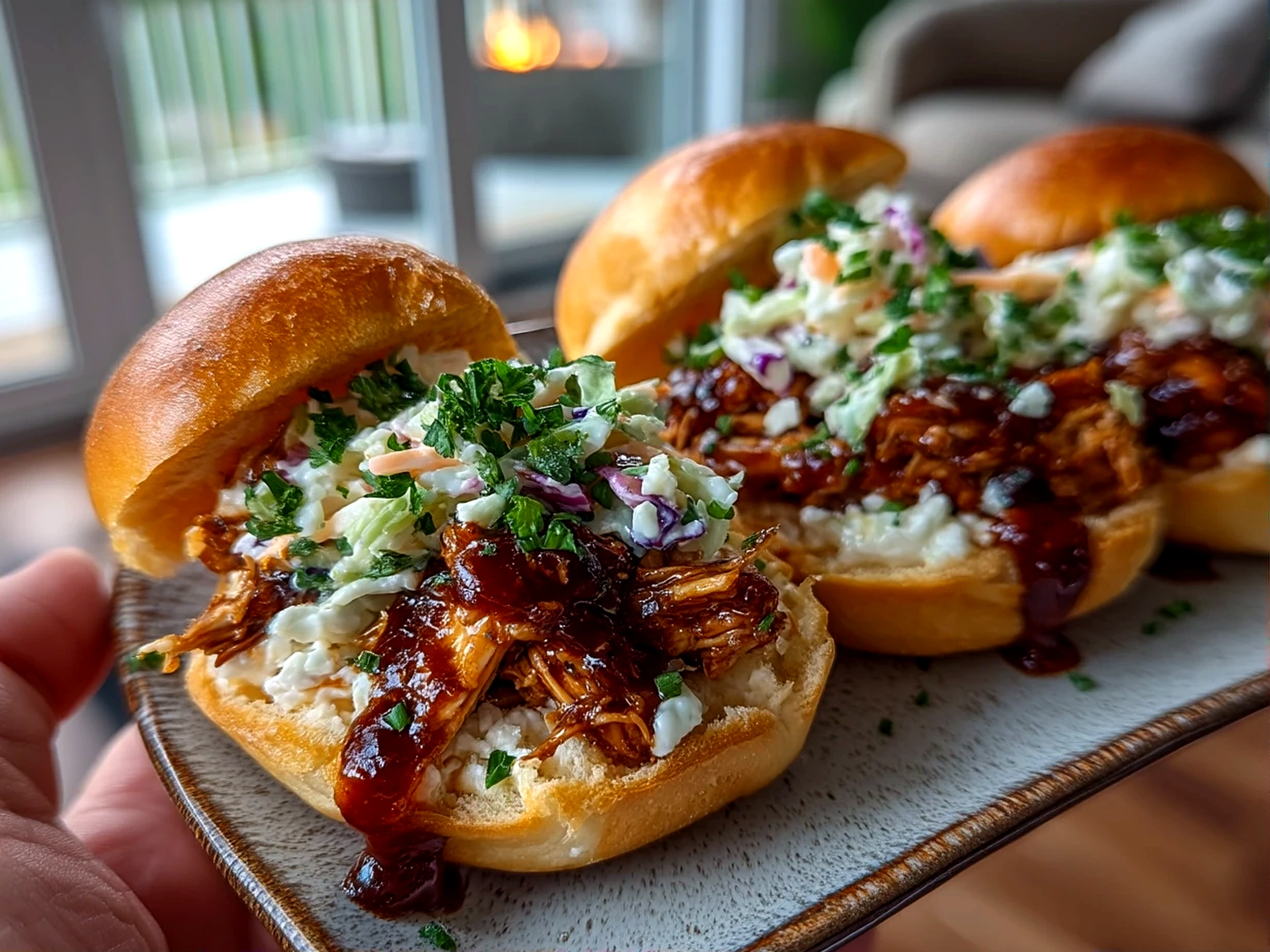 Close-up finished delicious BBQ Chicken Sliders on a plate in an amateur kitchen