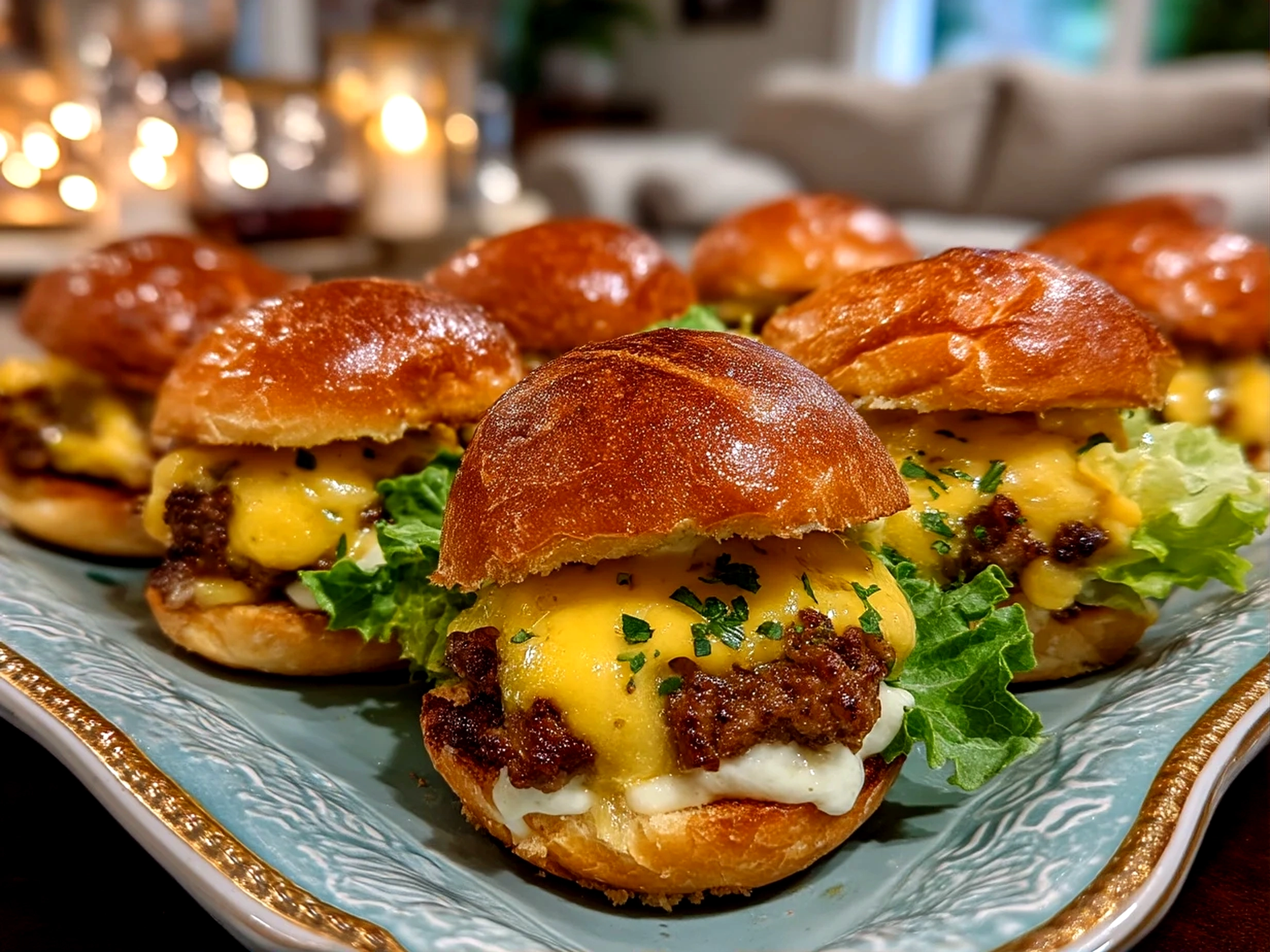 Close up of finished loaded big mac sliders on plate showing fresh vibrant ingredients