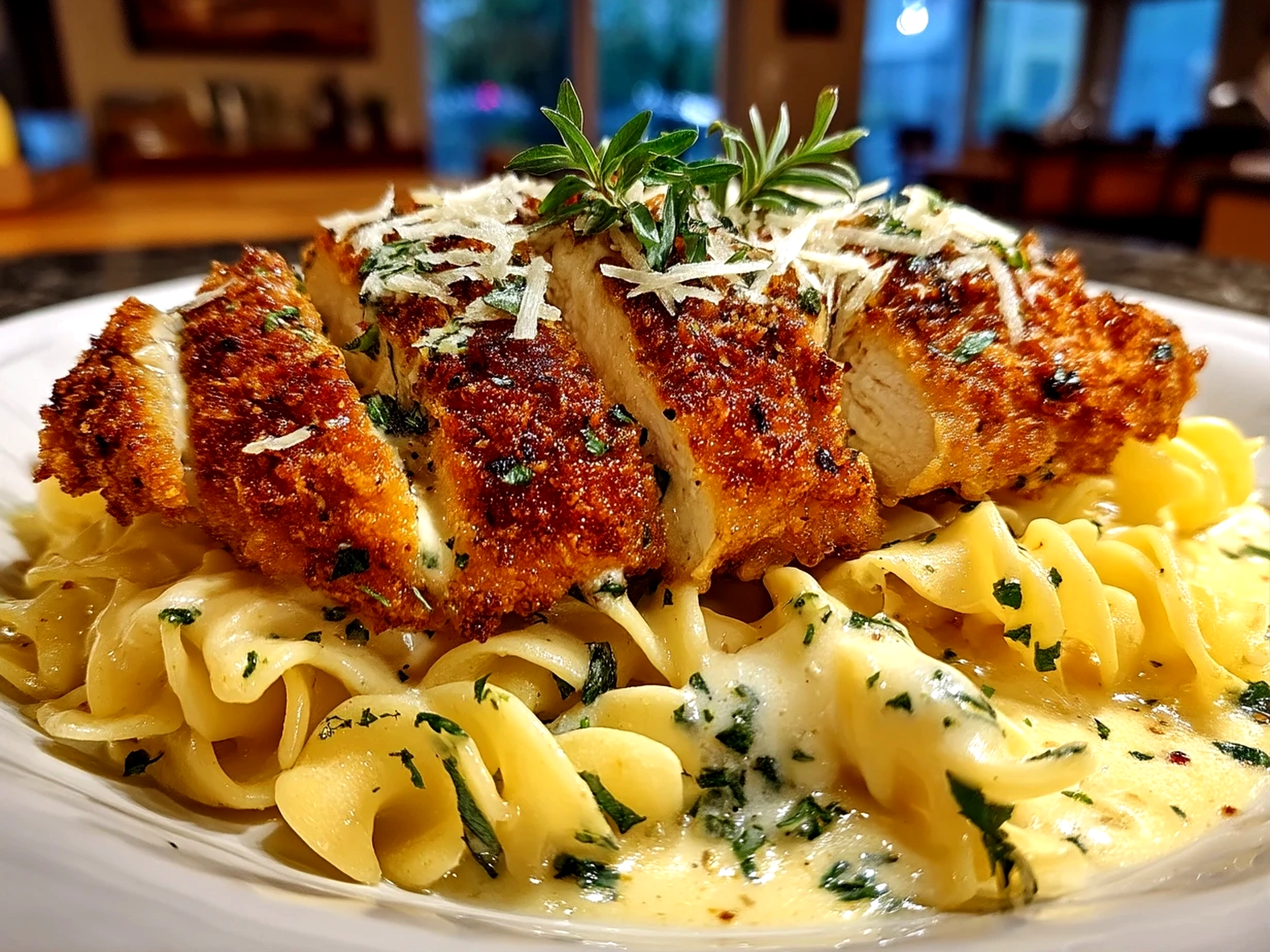 Close-up of finished comforting crispy chicken schnitzel Alfredo, rich and inviting