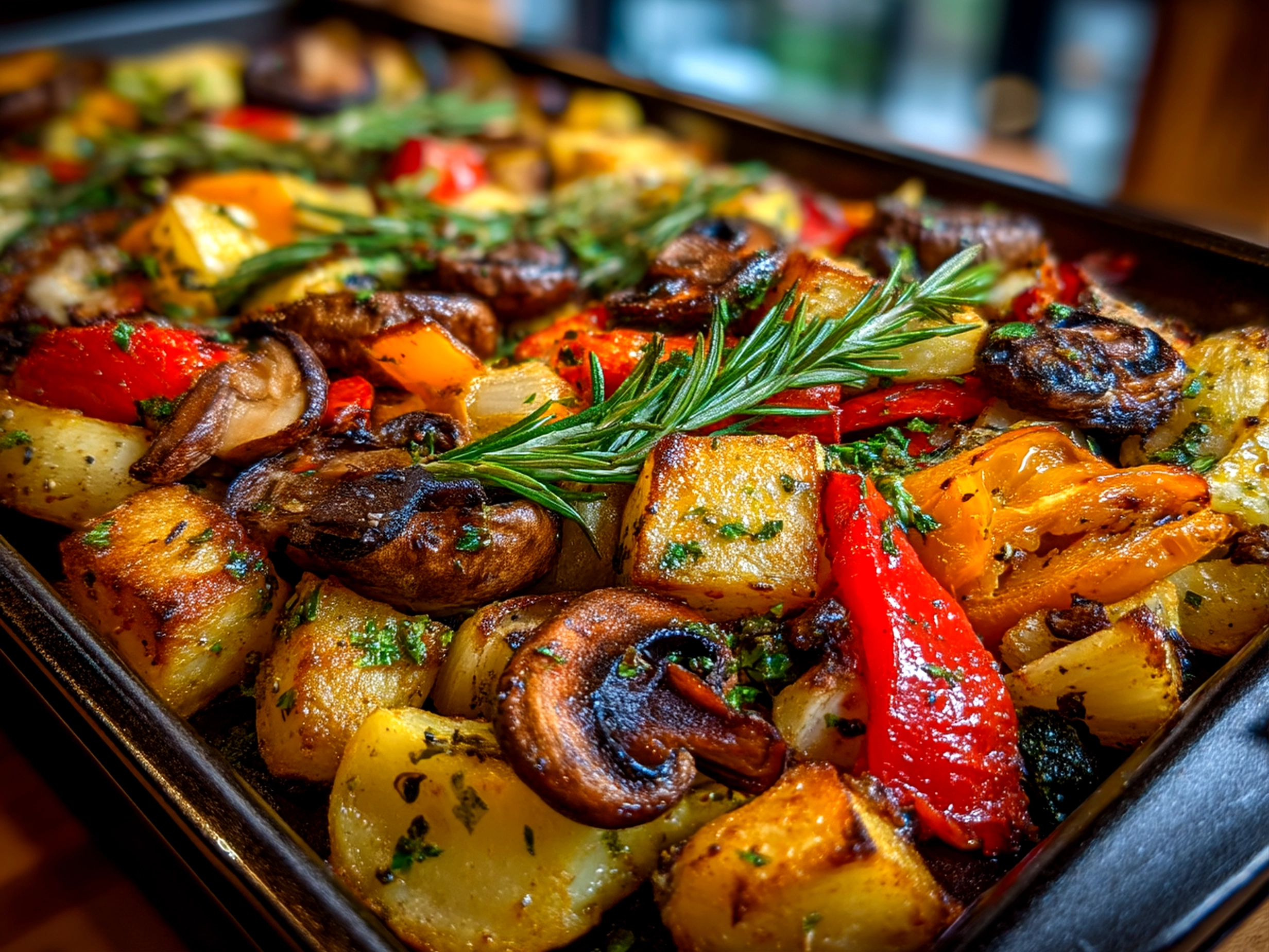Close-up of finished comforting veggie sheet pan hash fresh from the oven, warm and appetizing