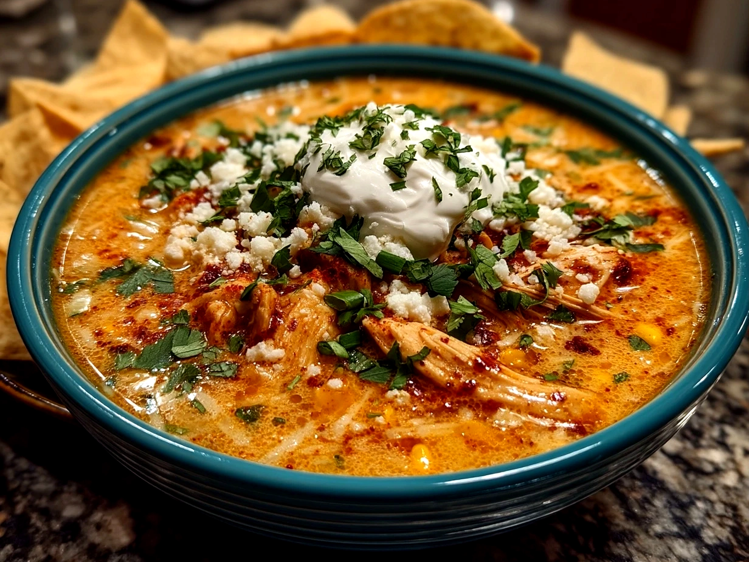 Close-up of finished creamy One-Pot Chicken Taco Soup in a bowl with fresh vibrant garnishes on an amateur kitchen counter.