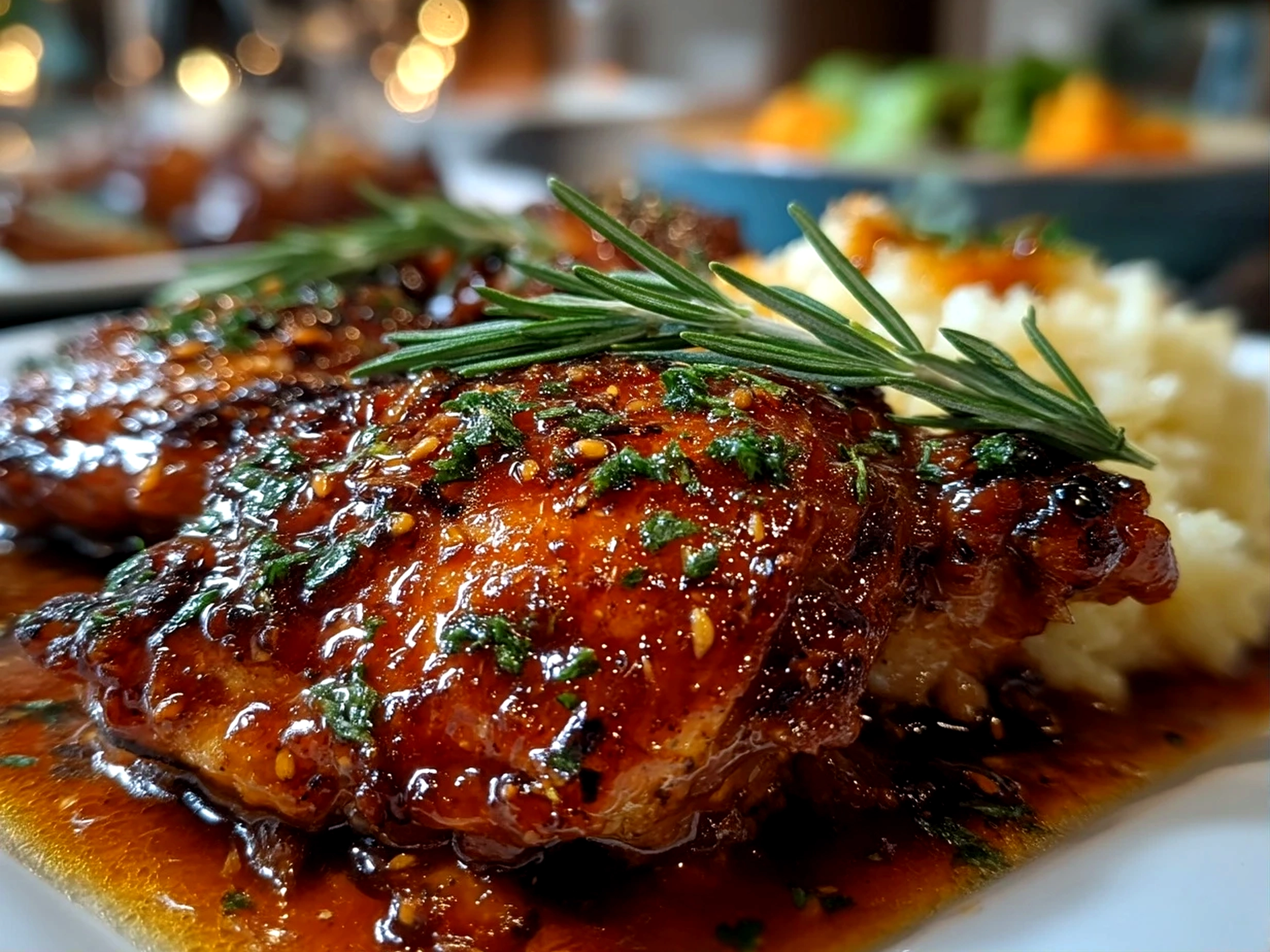 Finished beautiful Honey Garlic Chicken Thighs close-up
