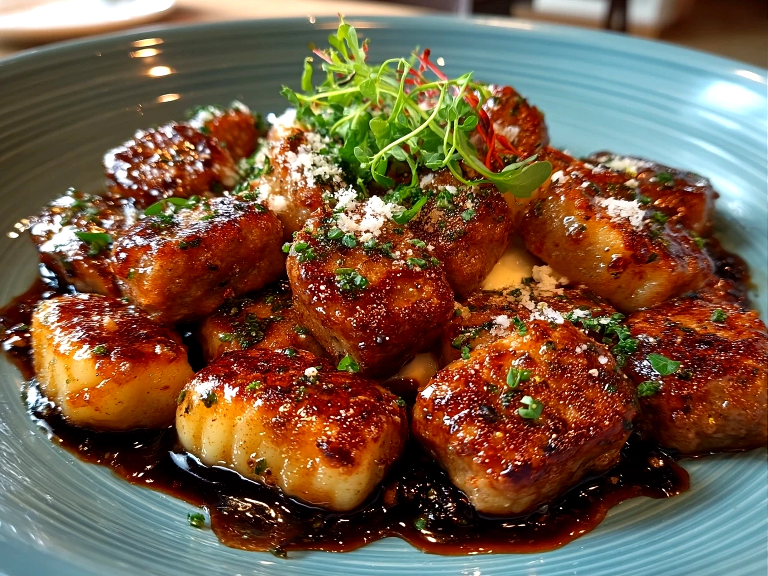 Close-up of a finished beautiful sausage gnocchi dish, fresh and vibrant served in kitchen