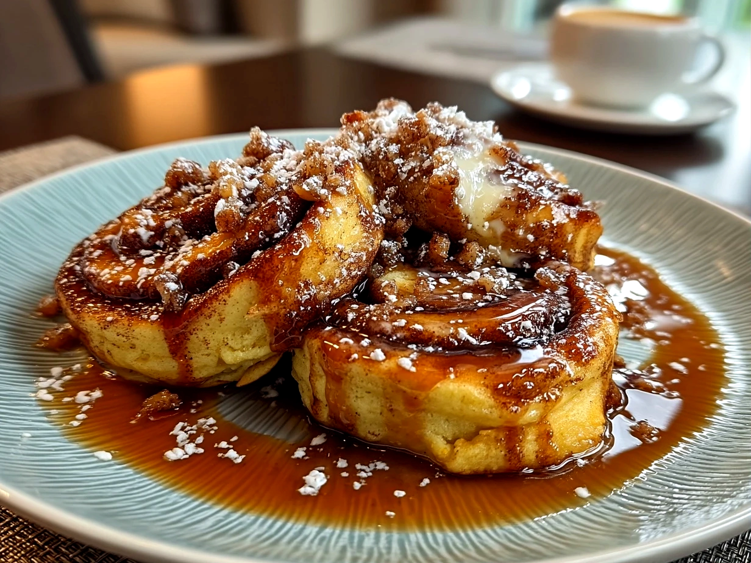 Close-up of a stack of finished comforting cinnamon roll pancakes with sweet glaze