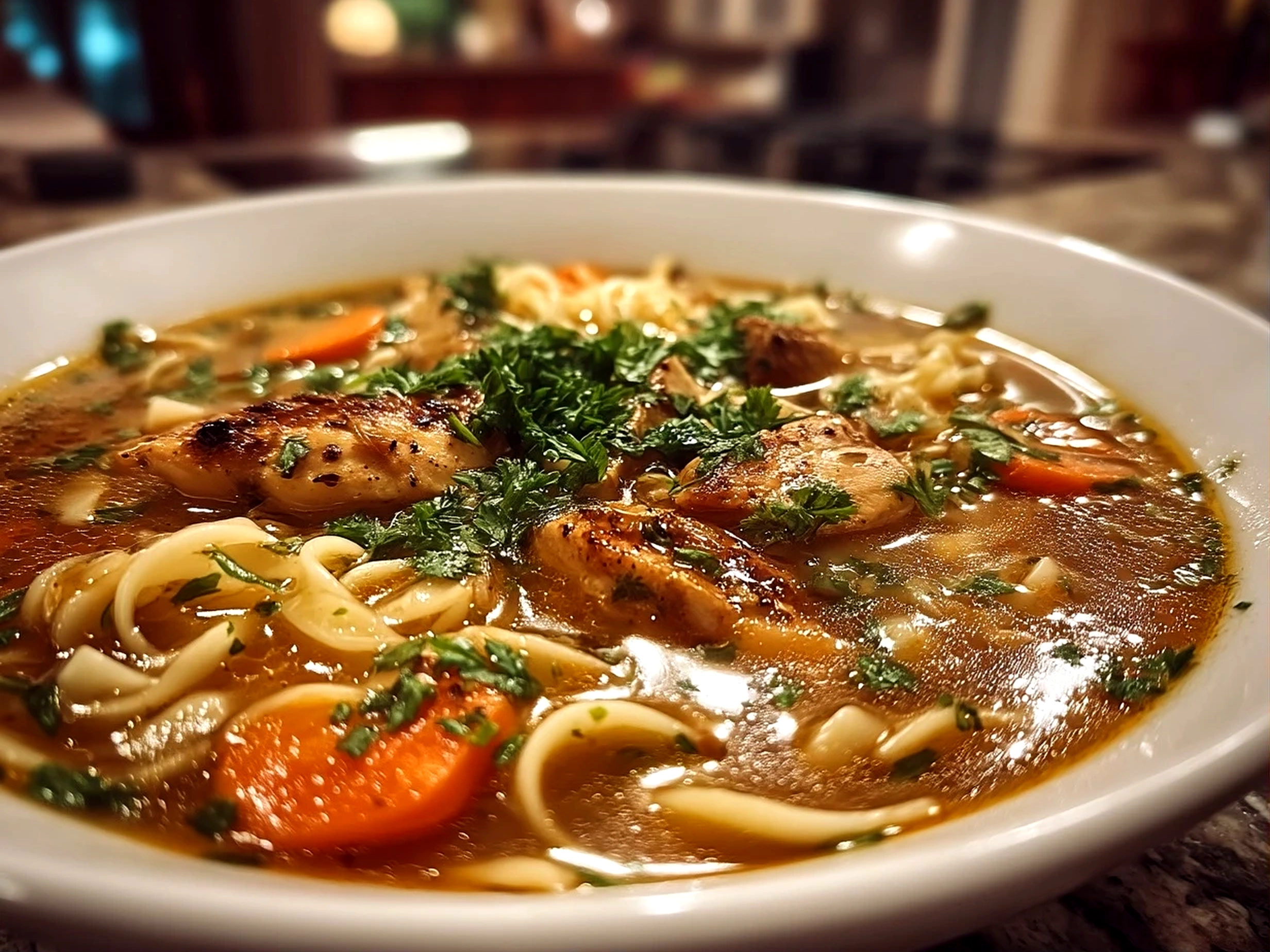 Close up of finished homemade chicken noodle soup in bowl, fresh vibrant ingredients