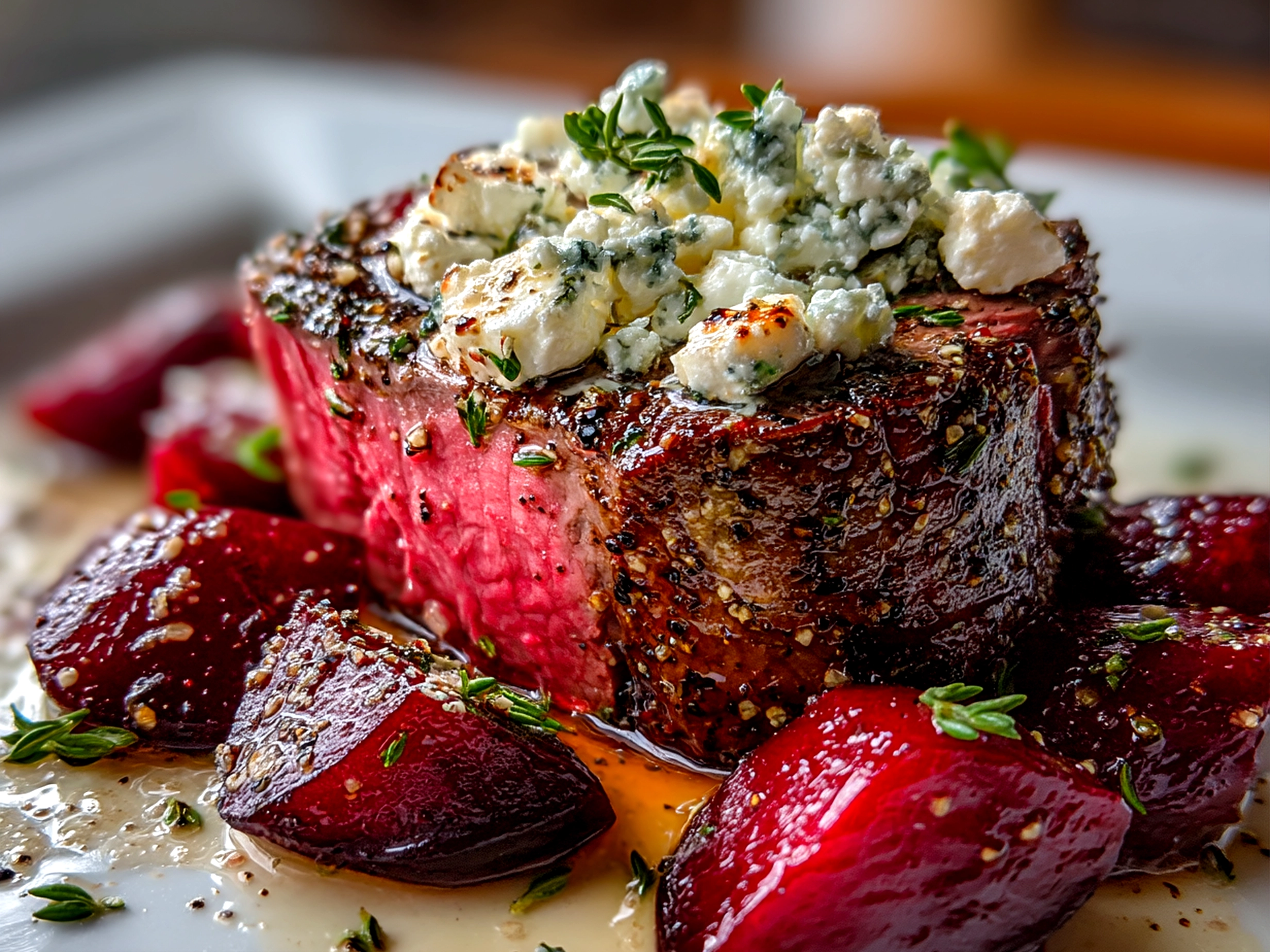Close up shot of finished delicious roasted beet goat cheese ready to serve