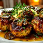 Amateur kitchen, taken with iPhone 15 Pro. Close-up slight angle of freshly prepared Chicken Marsala Meatballs on white plate. Warm appetizing --ar 4:3 --style raw --s 250