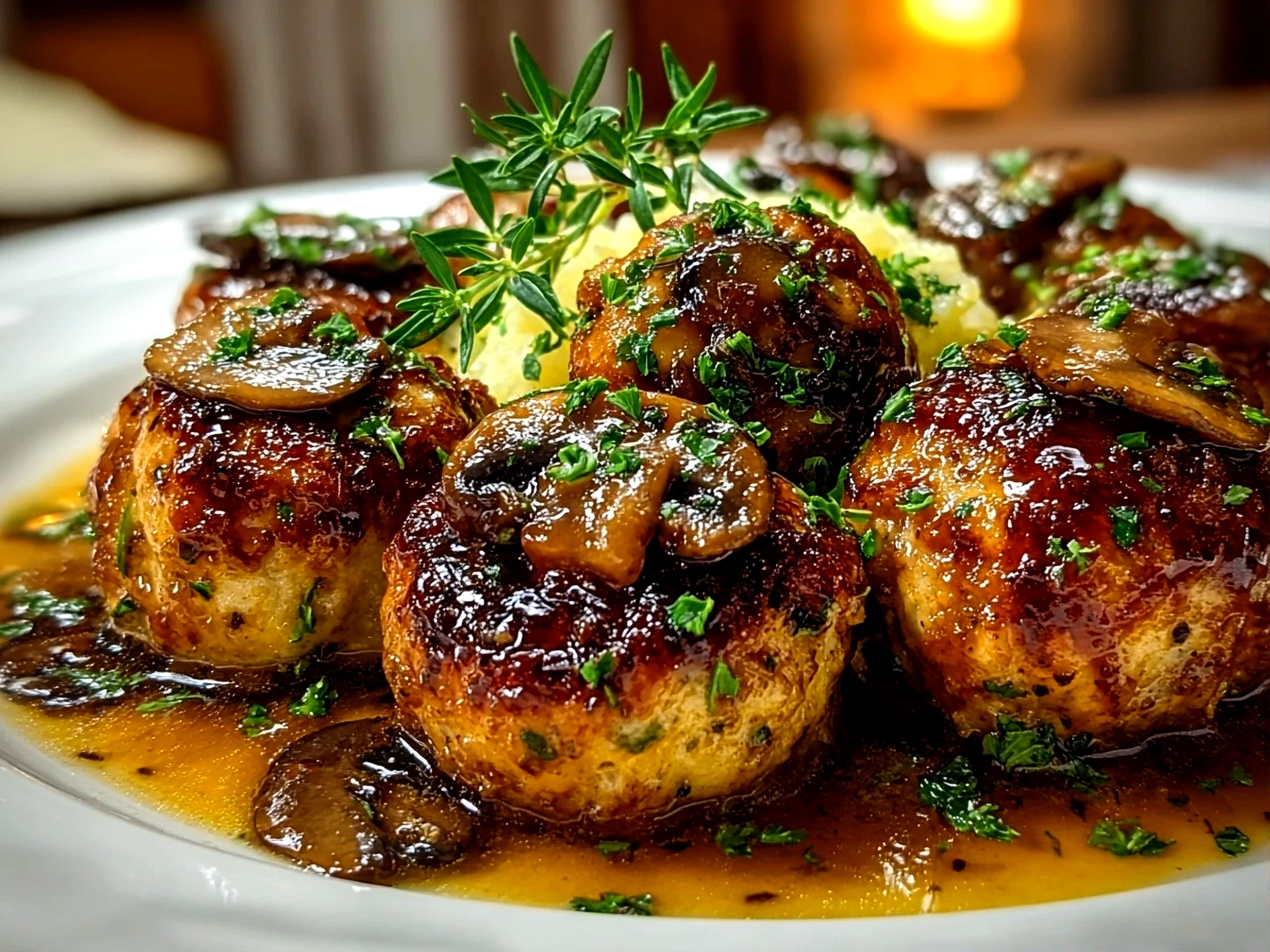 Amateur kitchen, taken with iPhone 15 Pro. Close-up slight angle of freshly prepared Chicken Marsala Meatballs on white plate. Warm appetizing --ar 4:3 --style raw --s 250