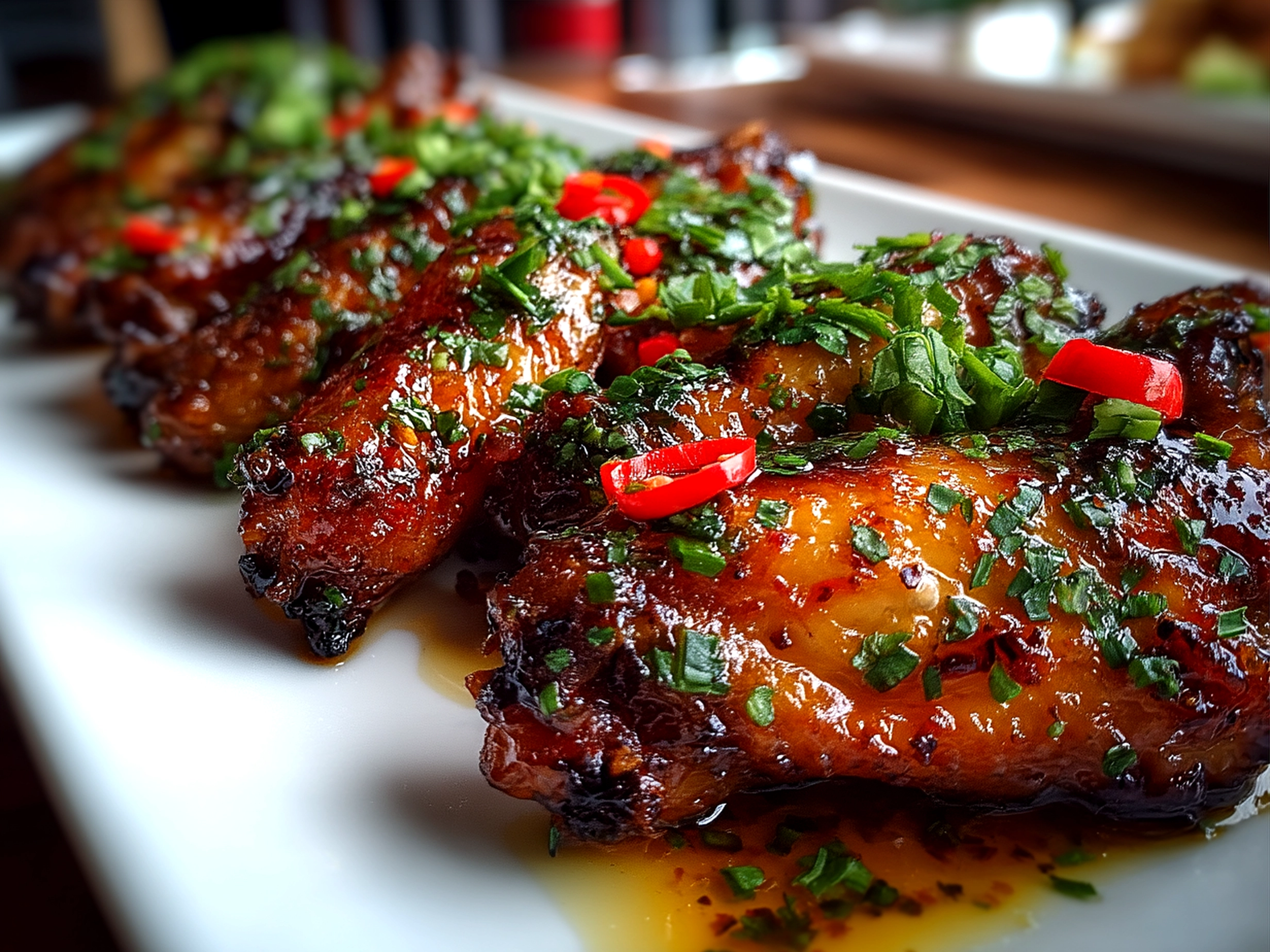 Served baked sweet chili wings garnished with chopped green onions and sesame seeds