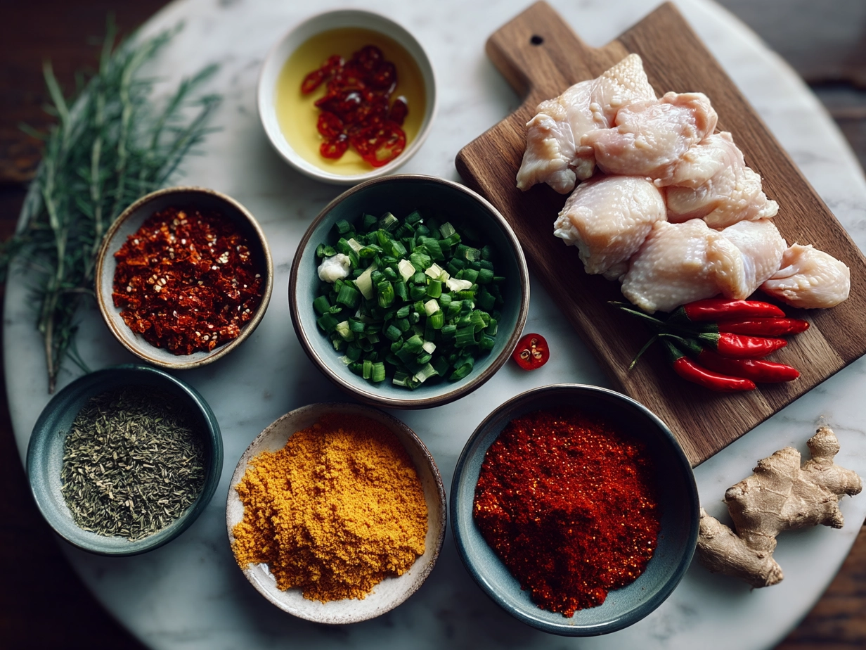 Ingredients for baked sweet chili wings on a wooden table