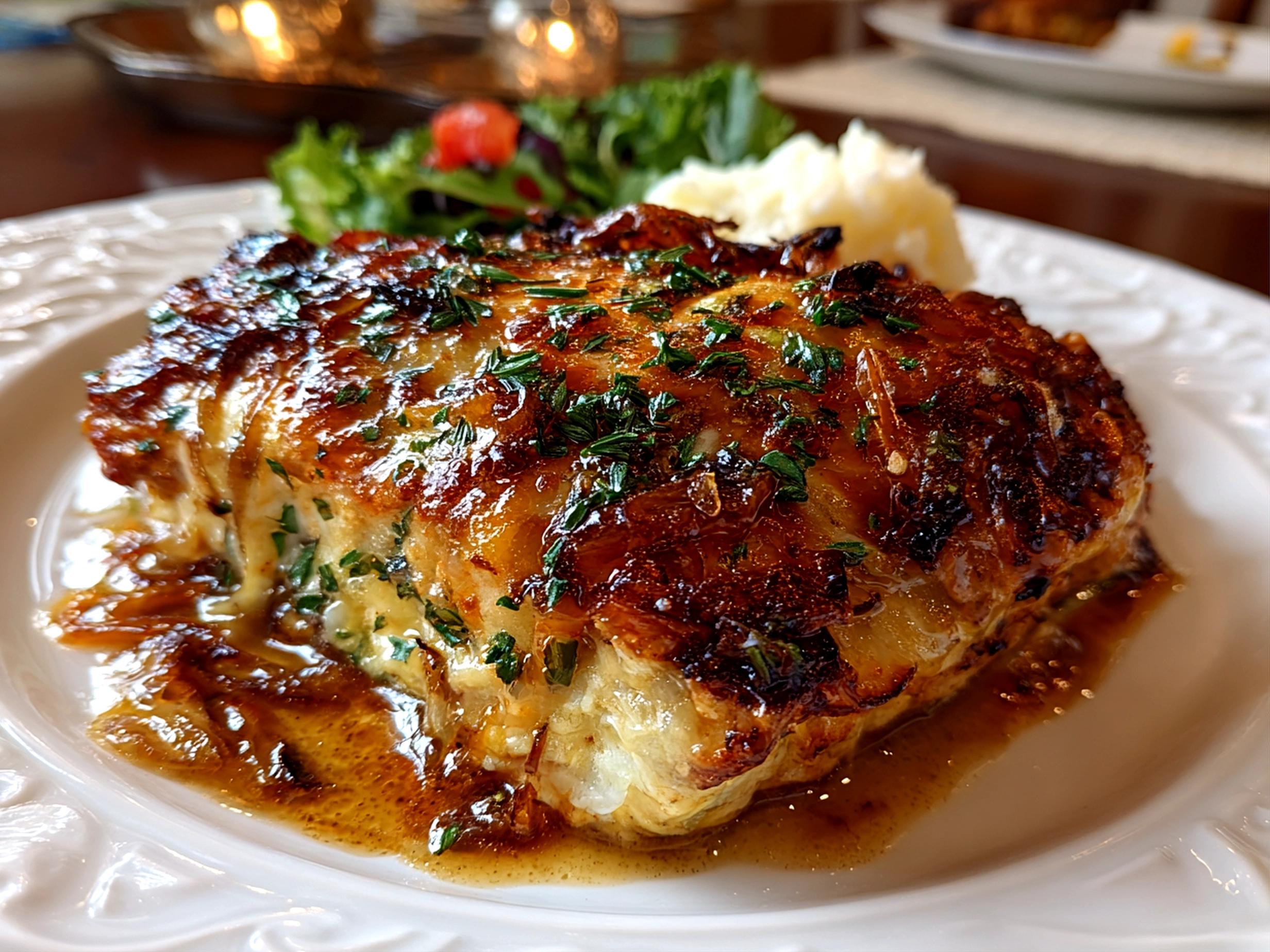 Beautiful French Onion Chicken Bake plated close-up