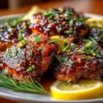 Beautiful homemade Sticky Honey Garlic Thighs plated on white dish