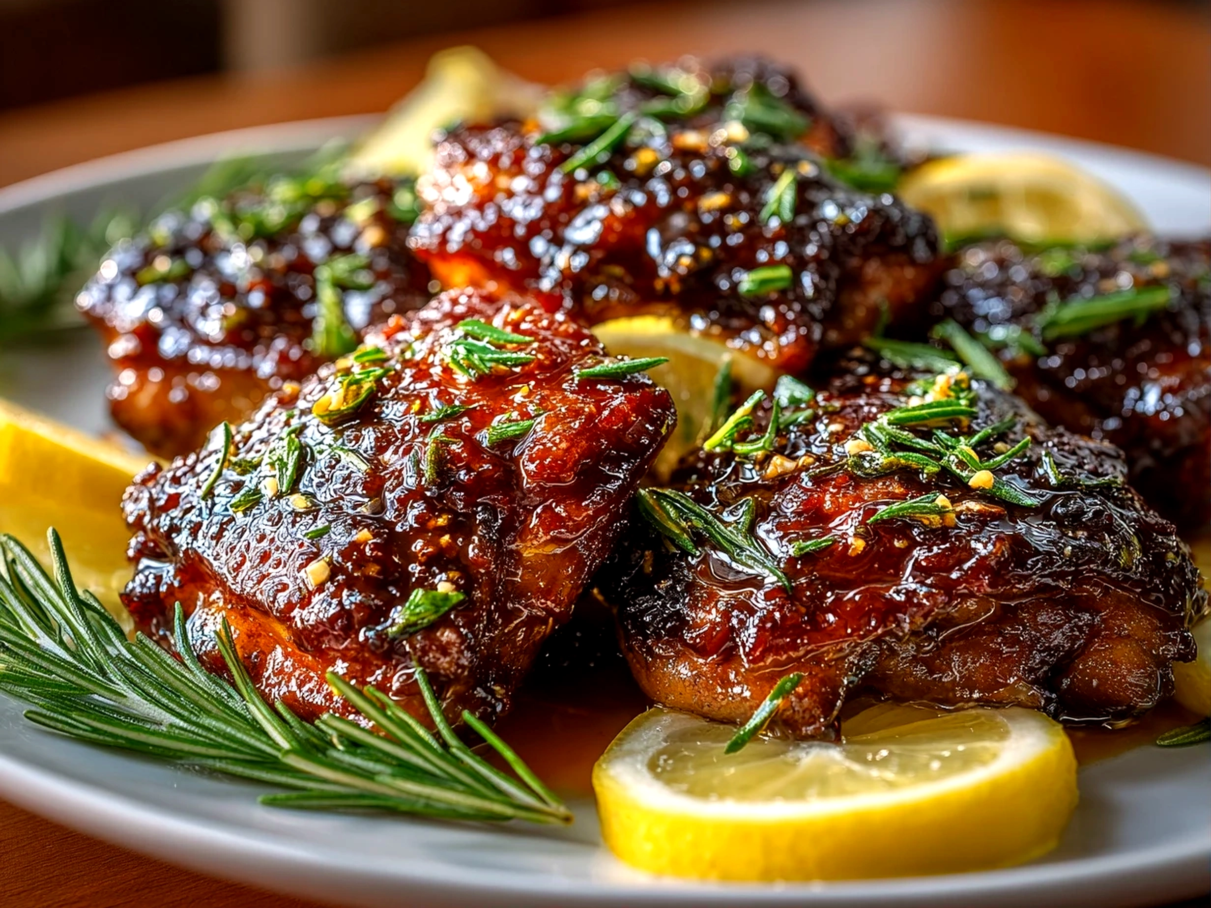 Beautiful homemade Sticky Honey Garlic Thighs plated on white dish