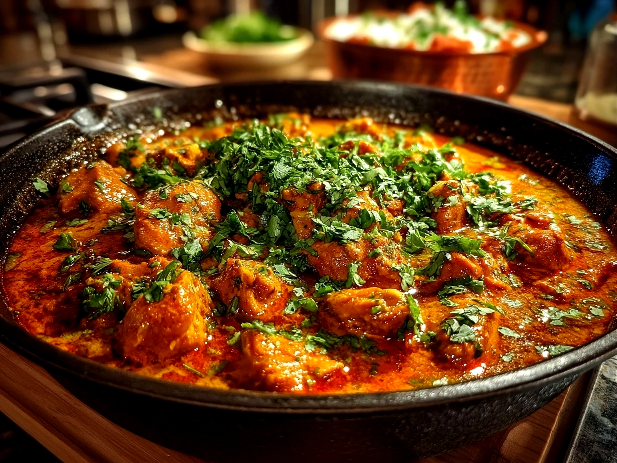 Served butter chicken garnished with fresh cilantro beside naan and rice