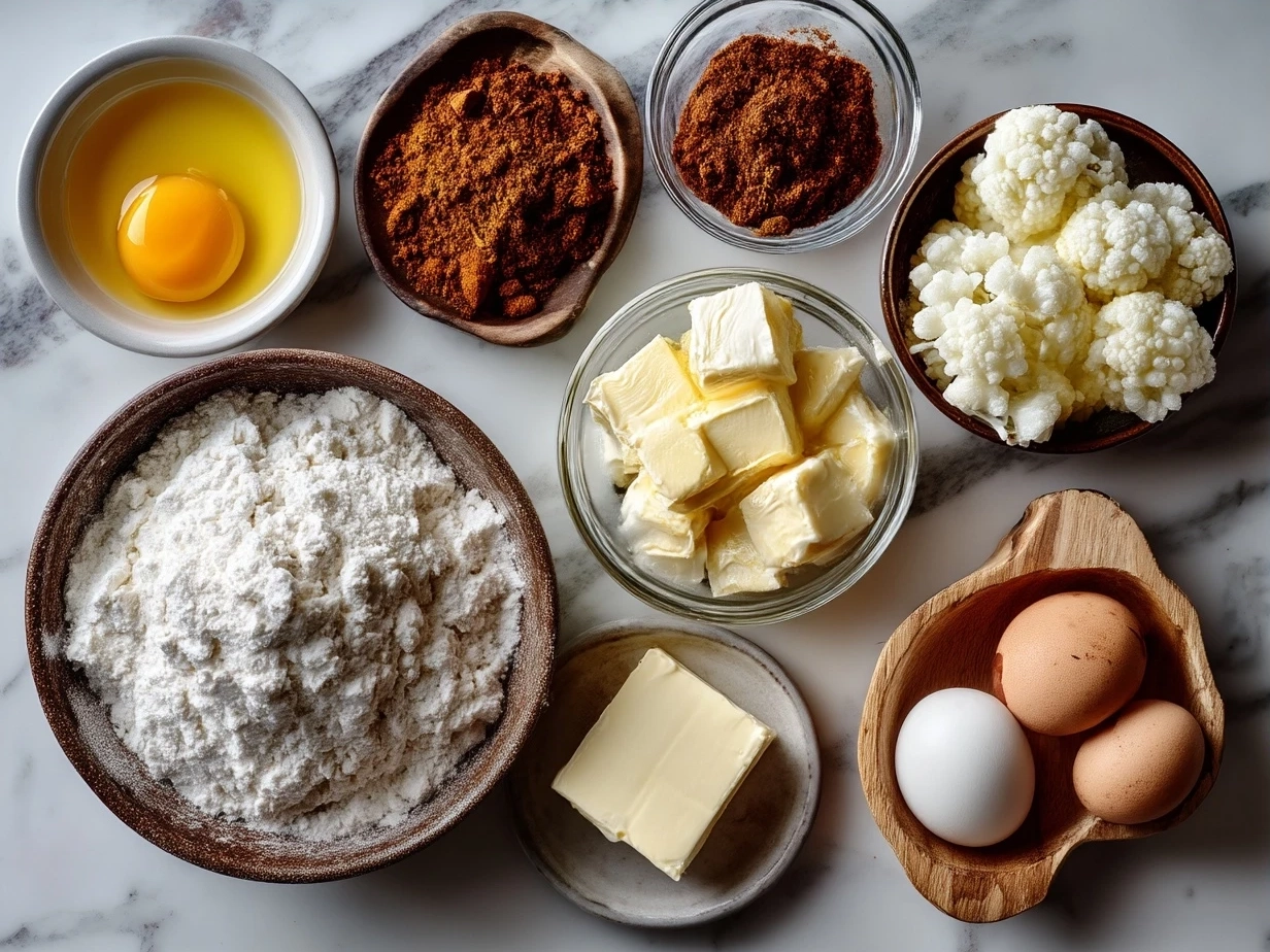 Fresh ingredients laid out for butter chicken recipe including spices, chicken, tomatoes, and cream