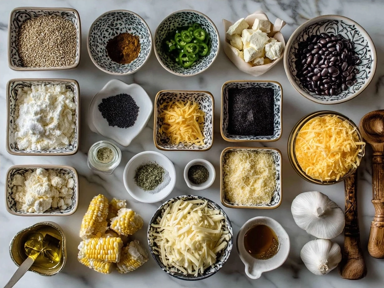 Ingredients for Cheesy Crowd-Pleaser Corn Dip including corn, cheeses, green onions, and spices