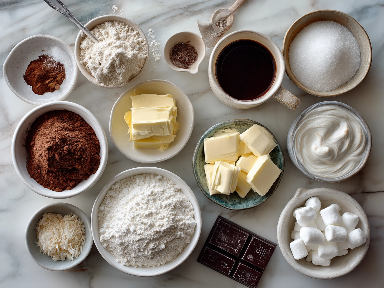 Ingredients for Chocolate Marshmallow Swirl Cookies laid out on a countertop