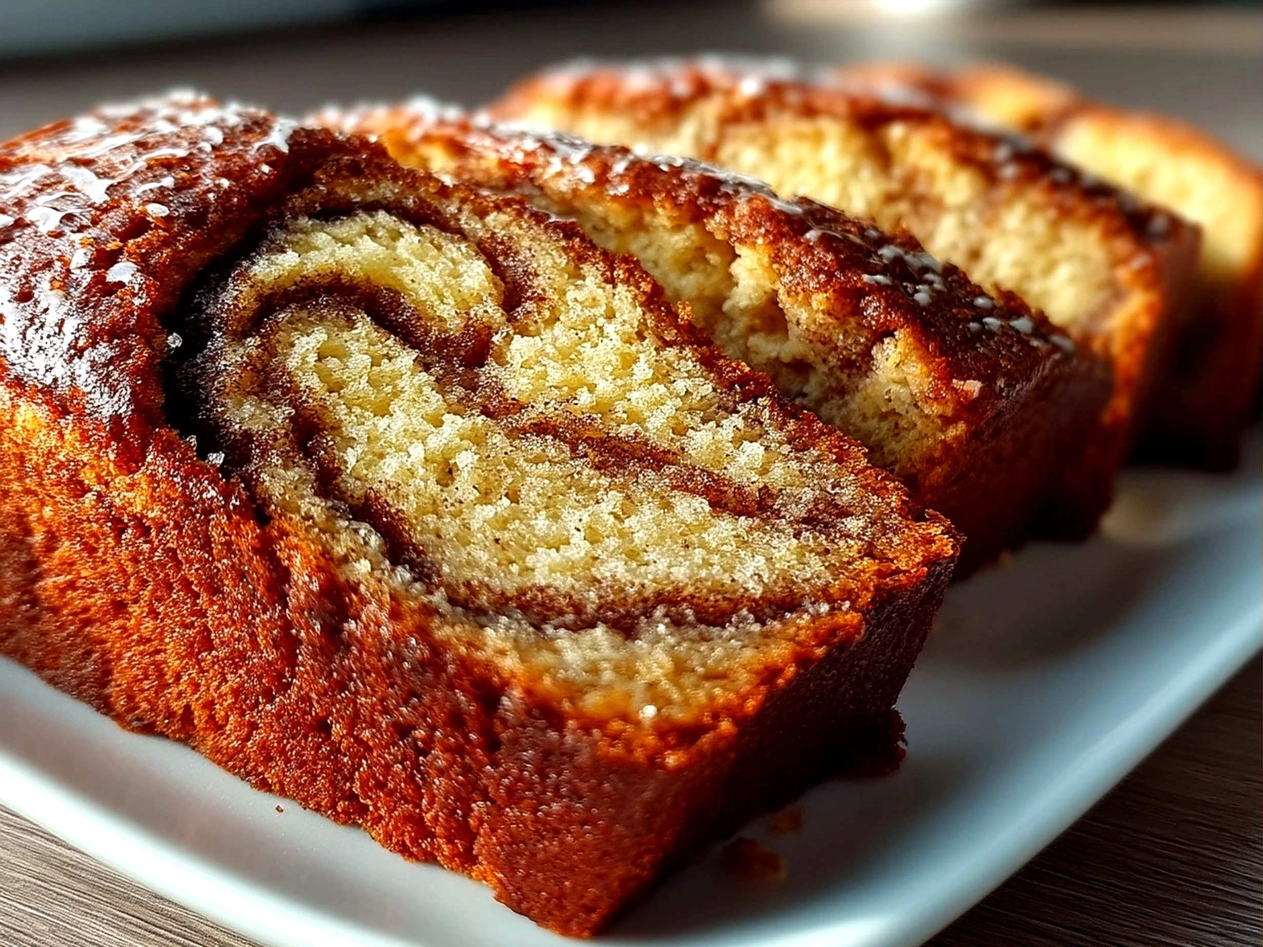 Freshly baked cinnamon swirl banana bread sliced and served