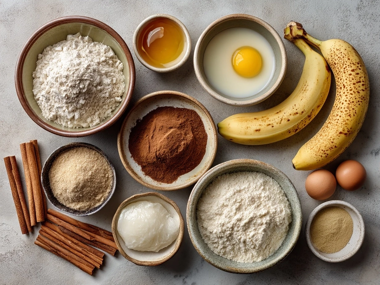 Ingredients for cinnamon swirl banana bread including bananas, sugars, spices, eggs, and flour