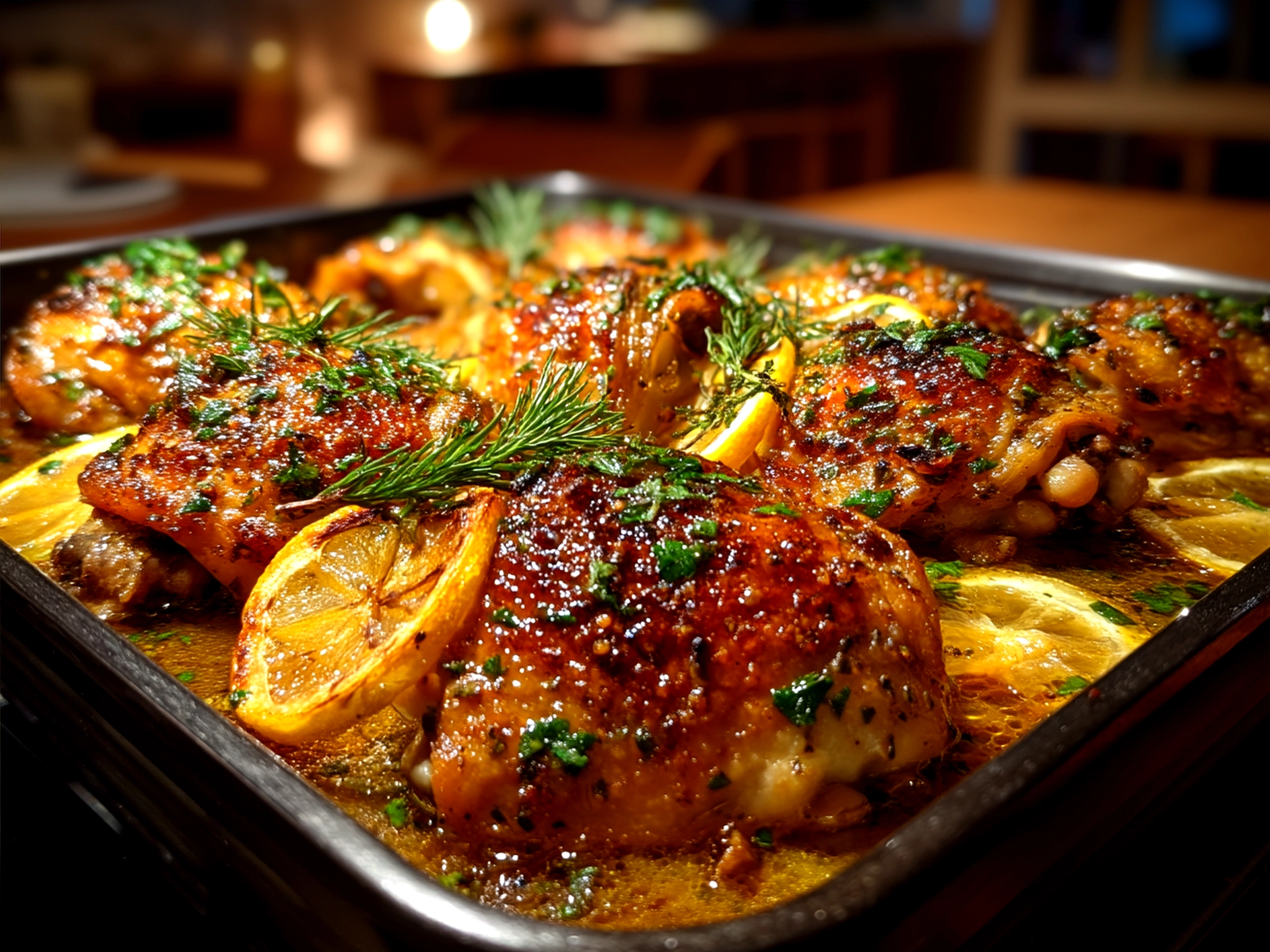 Plated Citrus Chicken Thighs served with fresh salad and sides