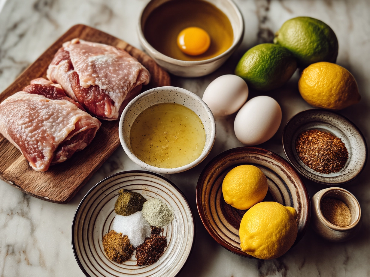 Ingredients for Citrus Chicken Thighs including chicken, oranges, lemons, and spices