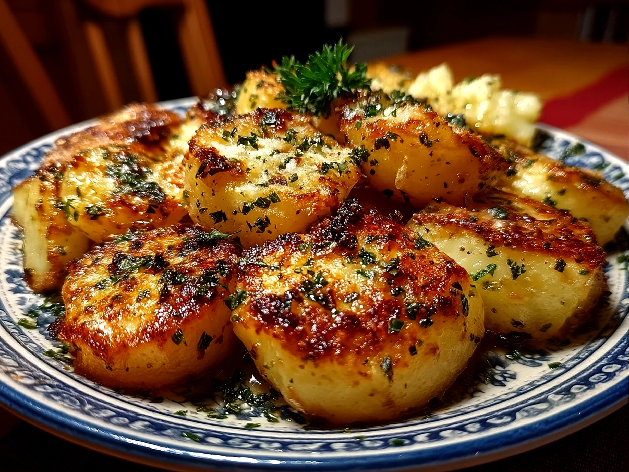 Close-up of finished Oven-Crisped Parmesan Potatoes with golden crust