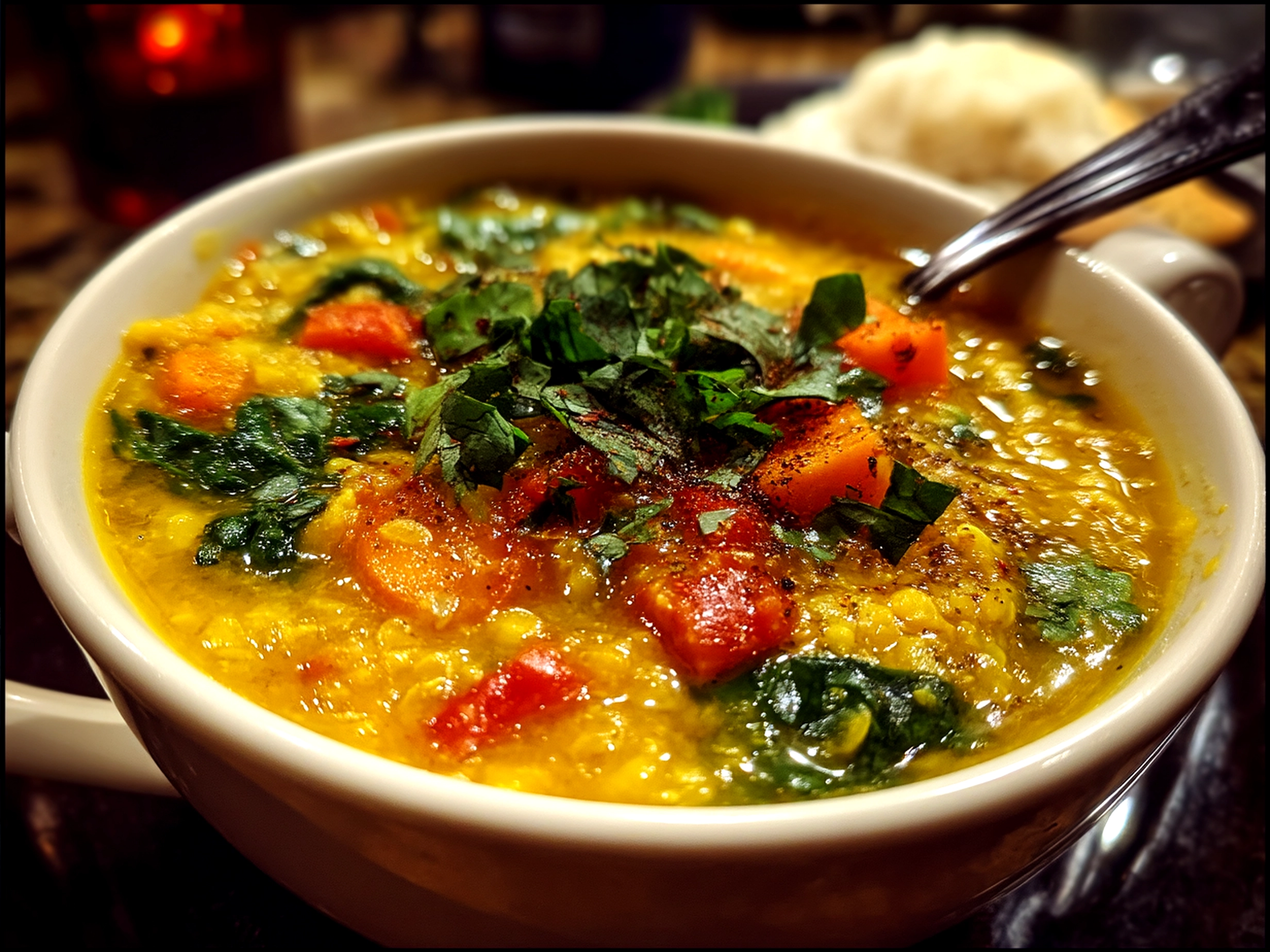 Bowl of finished Coconut Curry Lentil Soup garnished with fresh herbs
