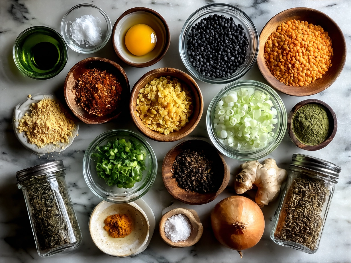 Ingredients for Coconut Curry Lentil Soup including lentils, coconut milk, spices, and vegetables