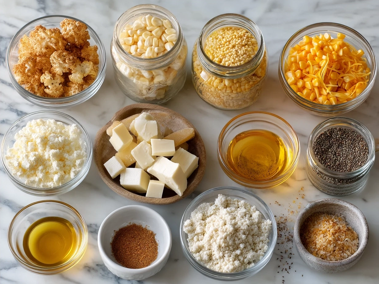 Ingredients for Crispy Corn Toast Bites including cornmeal, flour, buttermilk, egg, butter, corn kernels, and optional cheddar cheese