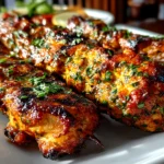 Delicious grilled chicken kebabs on white plate