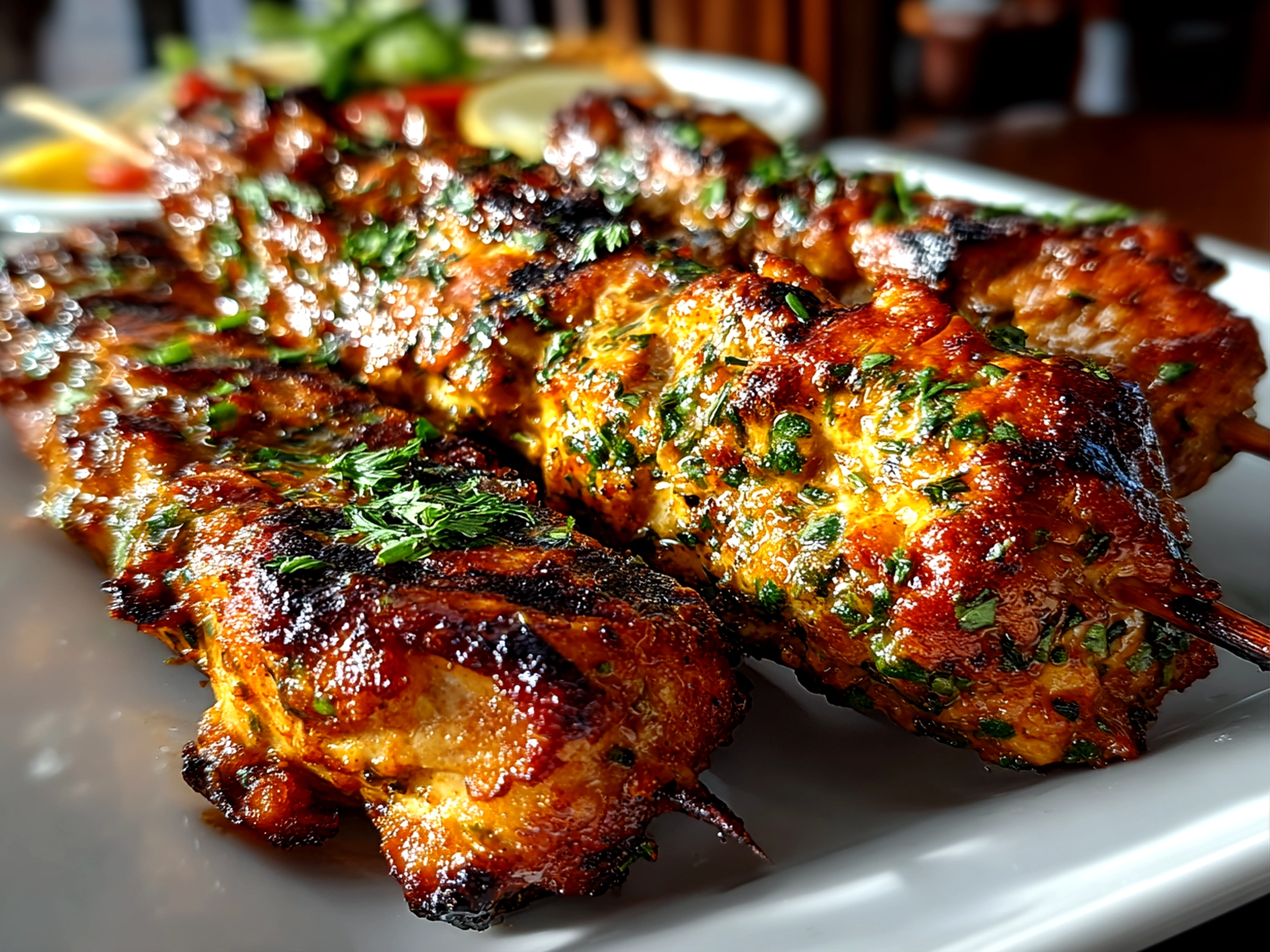 Delicious grilled chicken kebabs on white plate