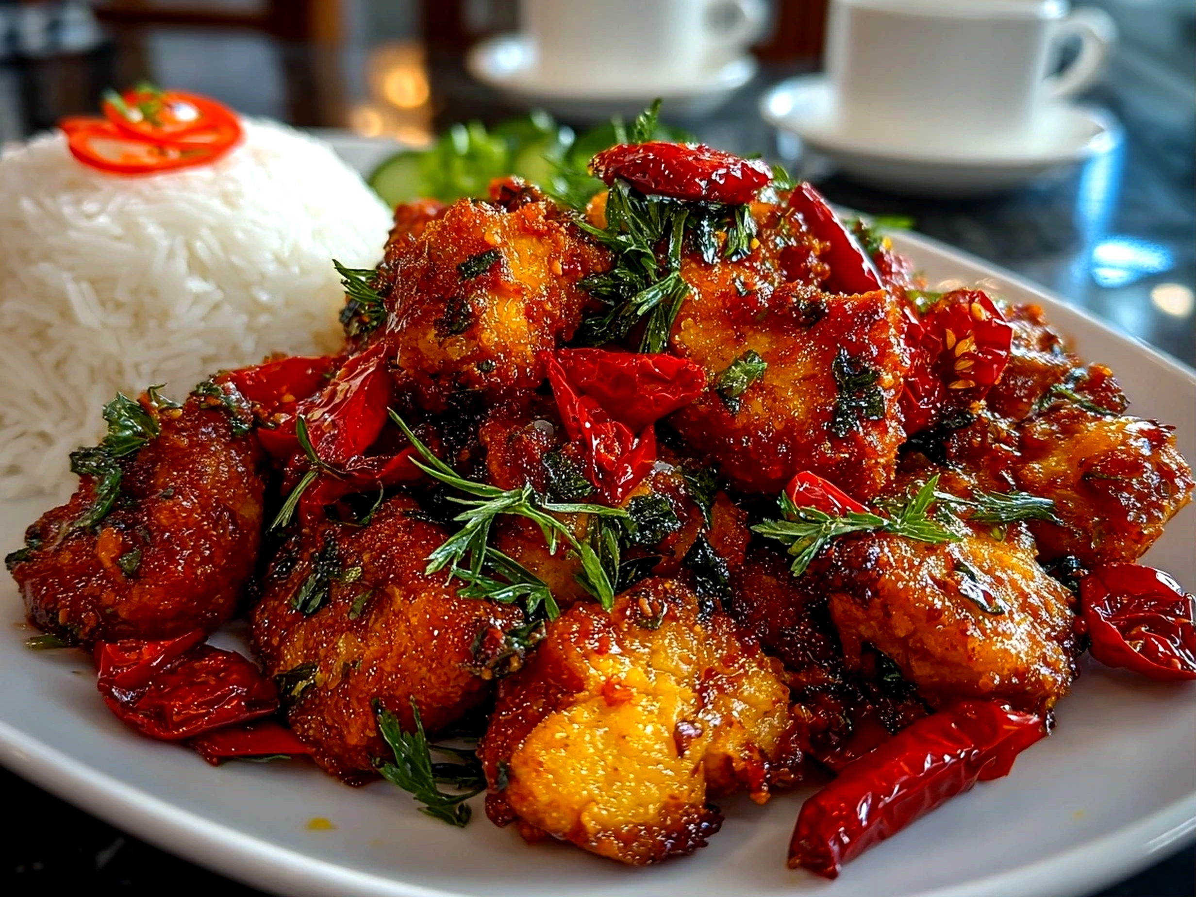 Delicious Spicy Portuguese Chilli Chicken with fresh herbs
