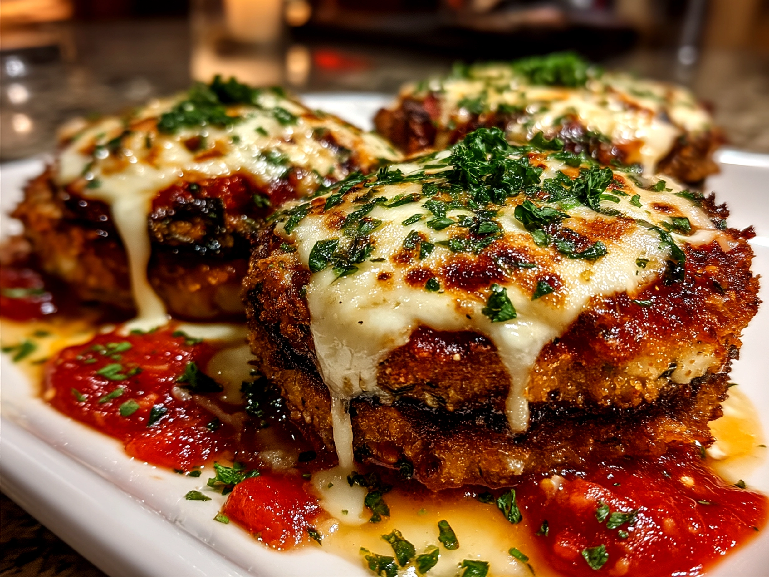 Serving of golden baked Eggplant Parmesan Stacks garnished with fresh basil