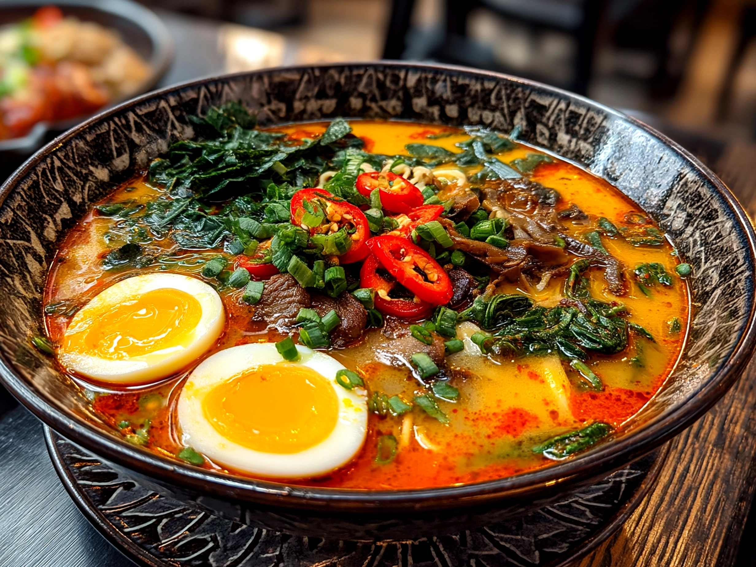 Finished bowl of spicy miso ramen glowing with surface shine