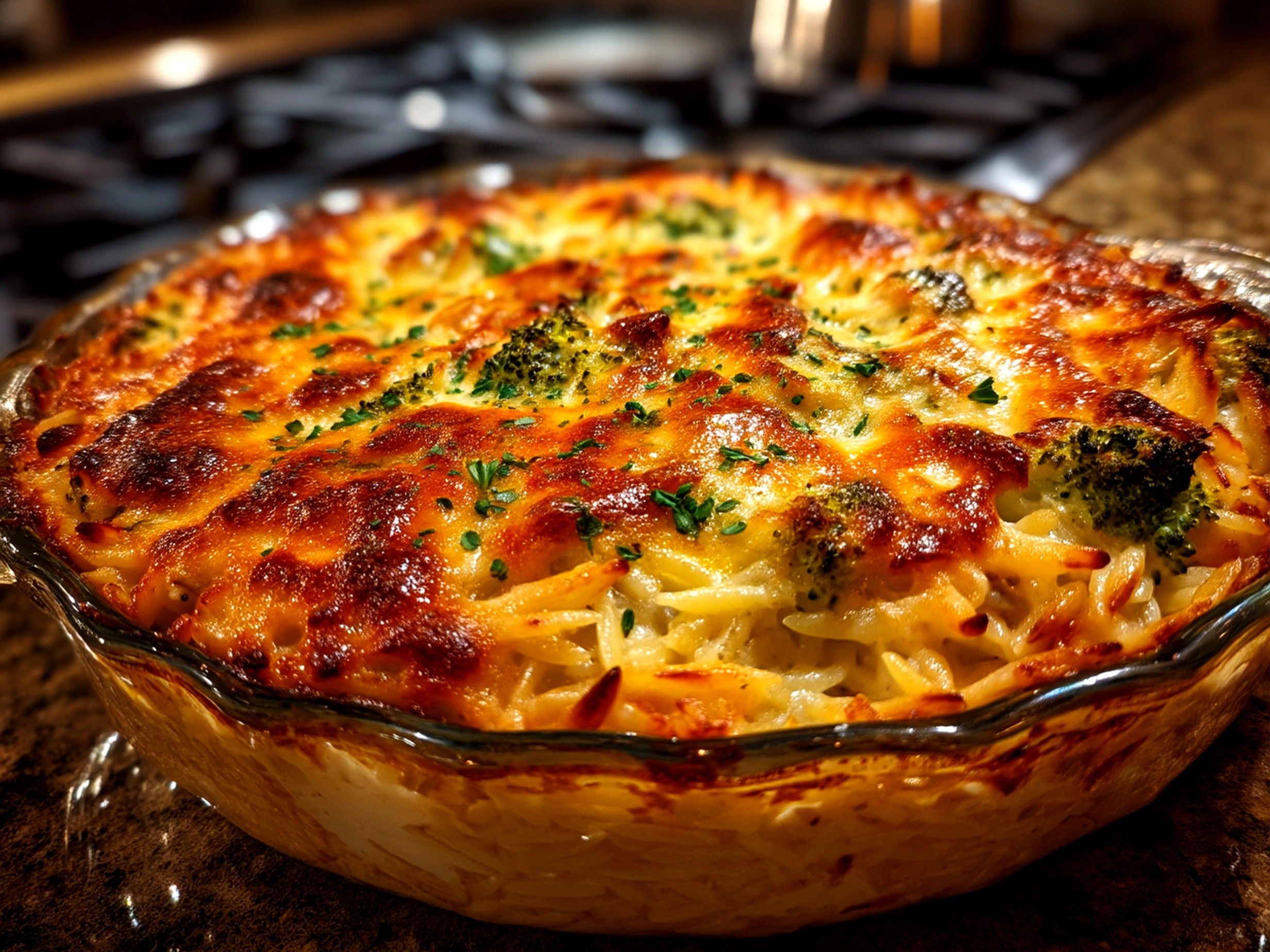 Close up of finished broccoli cheddar orzo bake with rich inviting finish