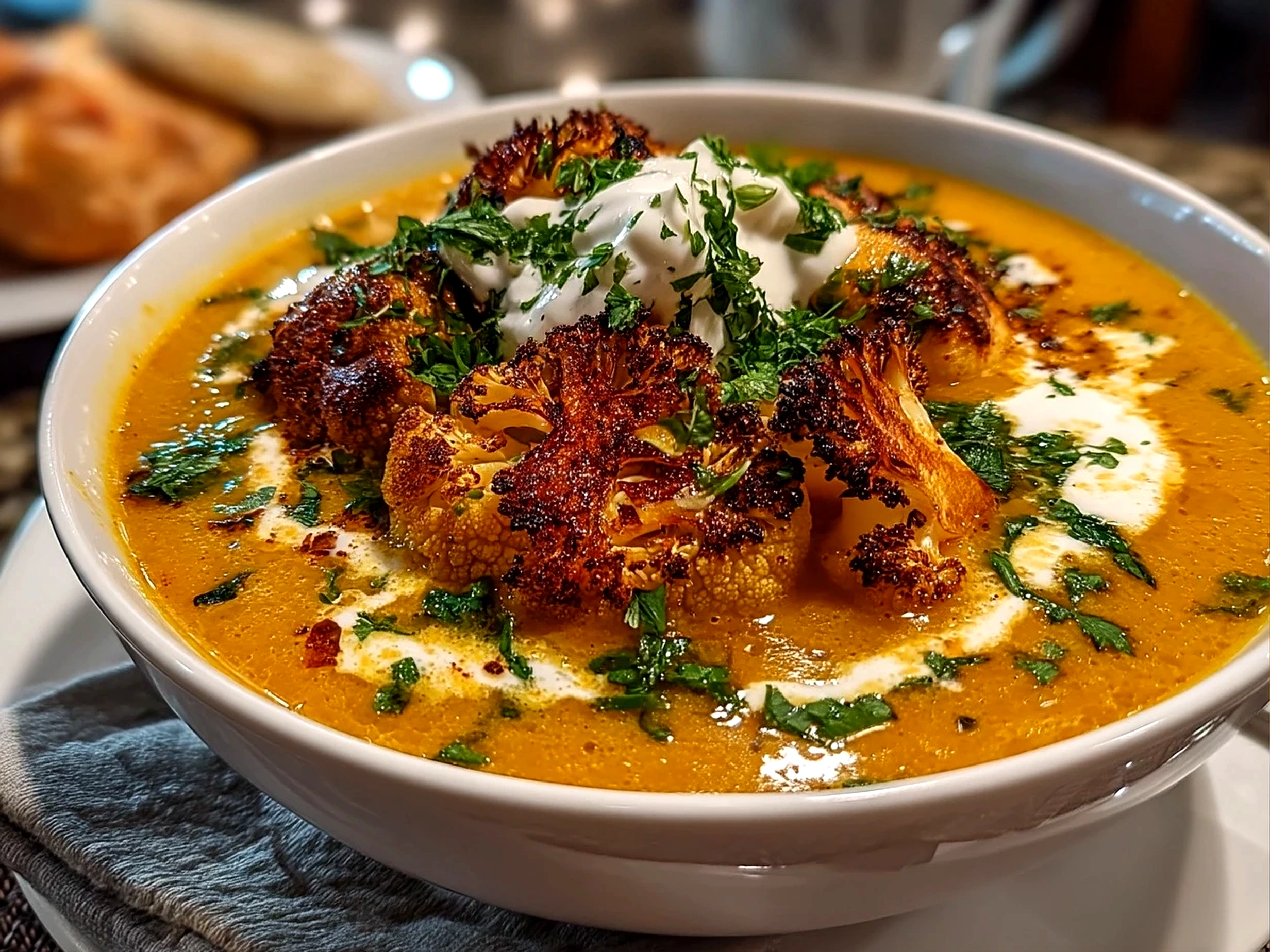 Finished delicious Roasted Cauliflower Curry Soup served warm and appetizing
