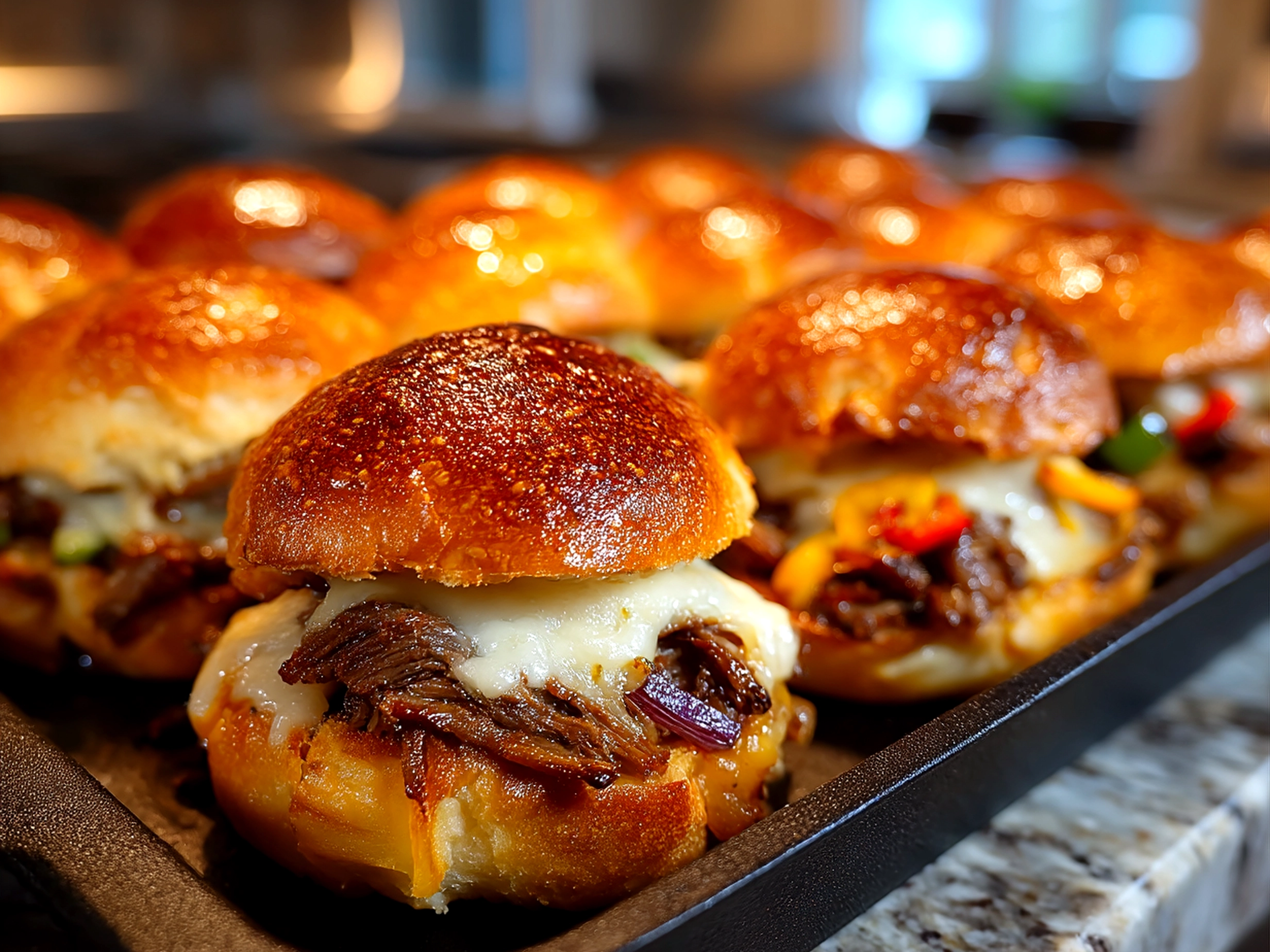 Golden baked Loaded Philly Cheesesteak Sliders served on a tray, ready to eat