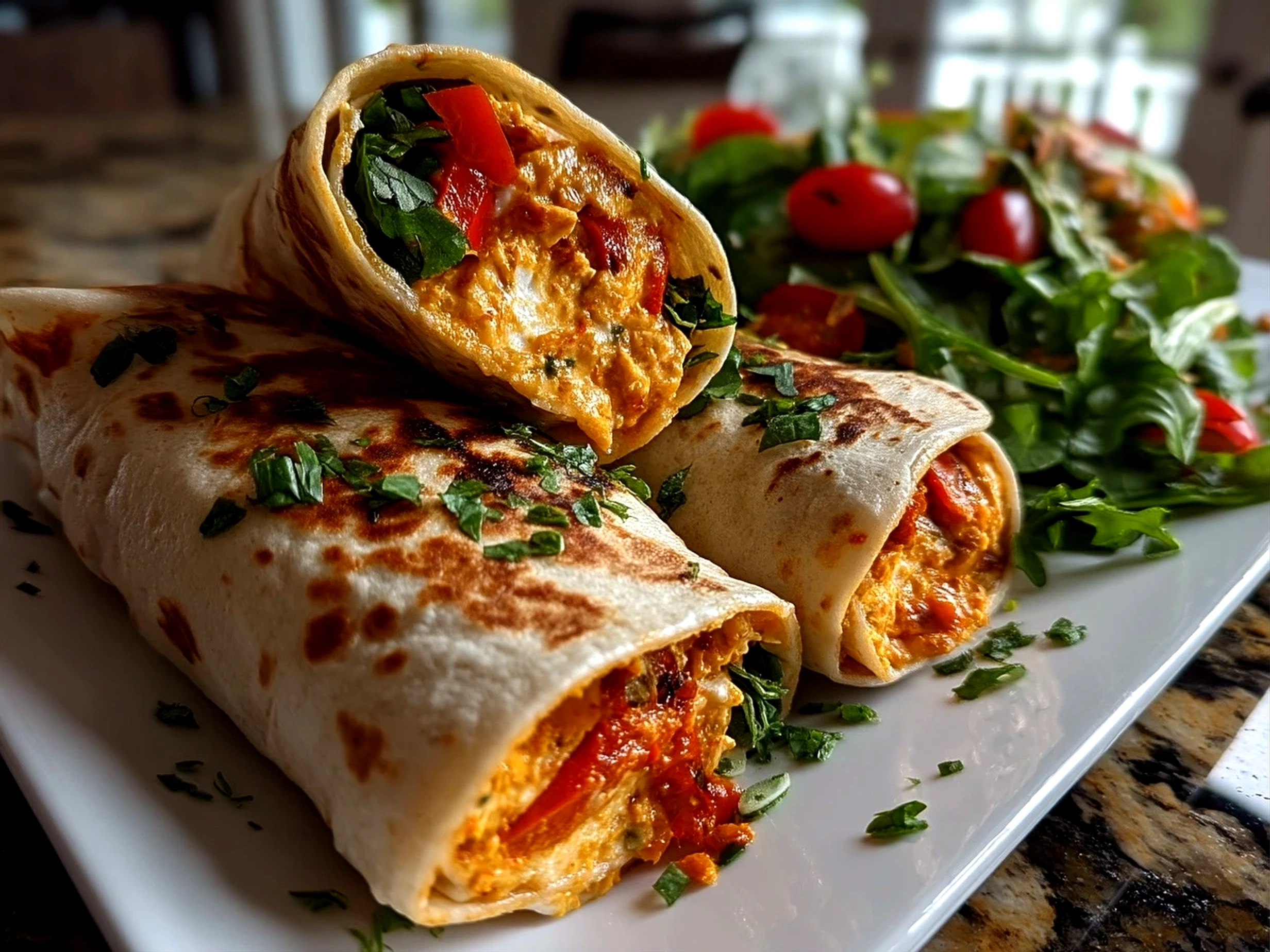 Close-up of finished Roasted Red Pepper Hummus Wraps ready to serve