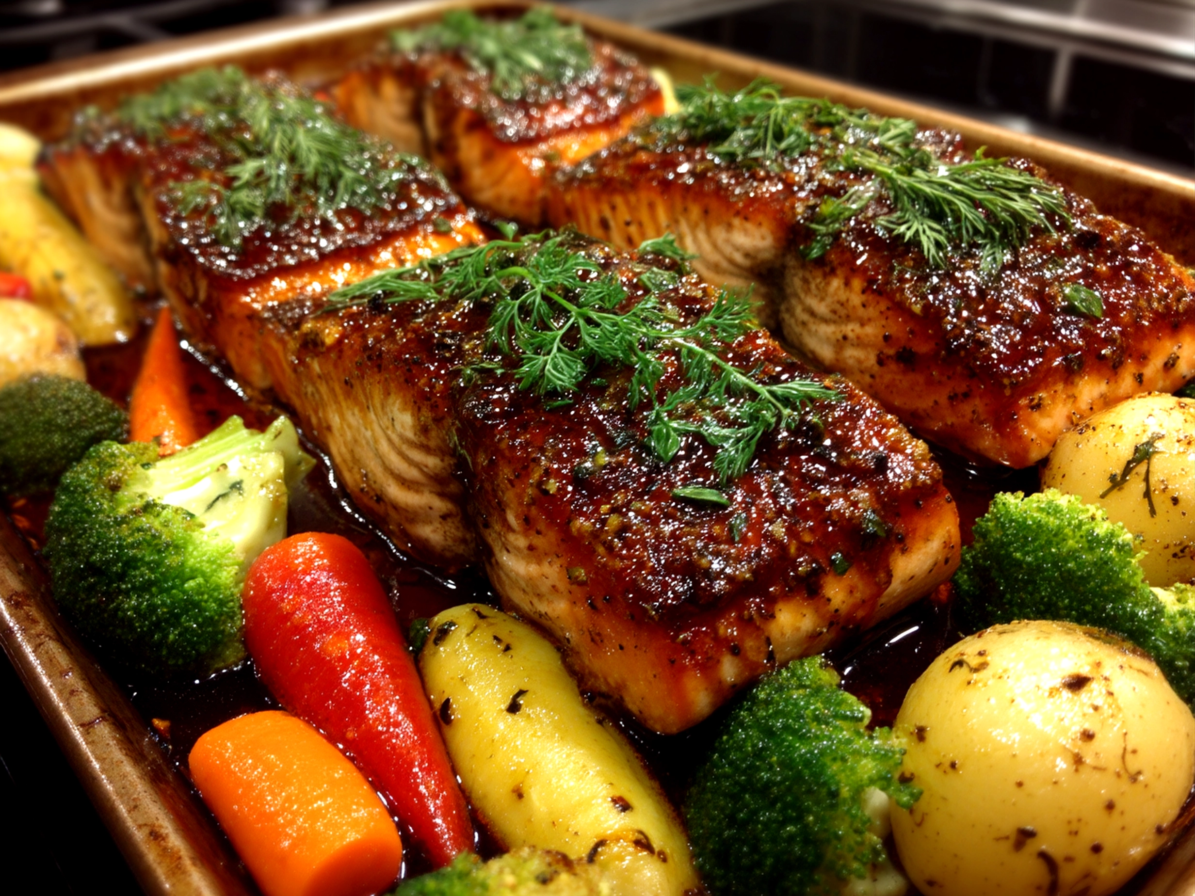 Finished Sheet Pan Teriyaki Salmon garnished with green onions and sesame seeds