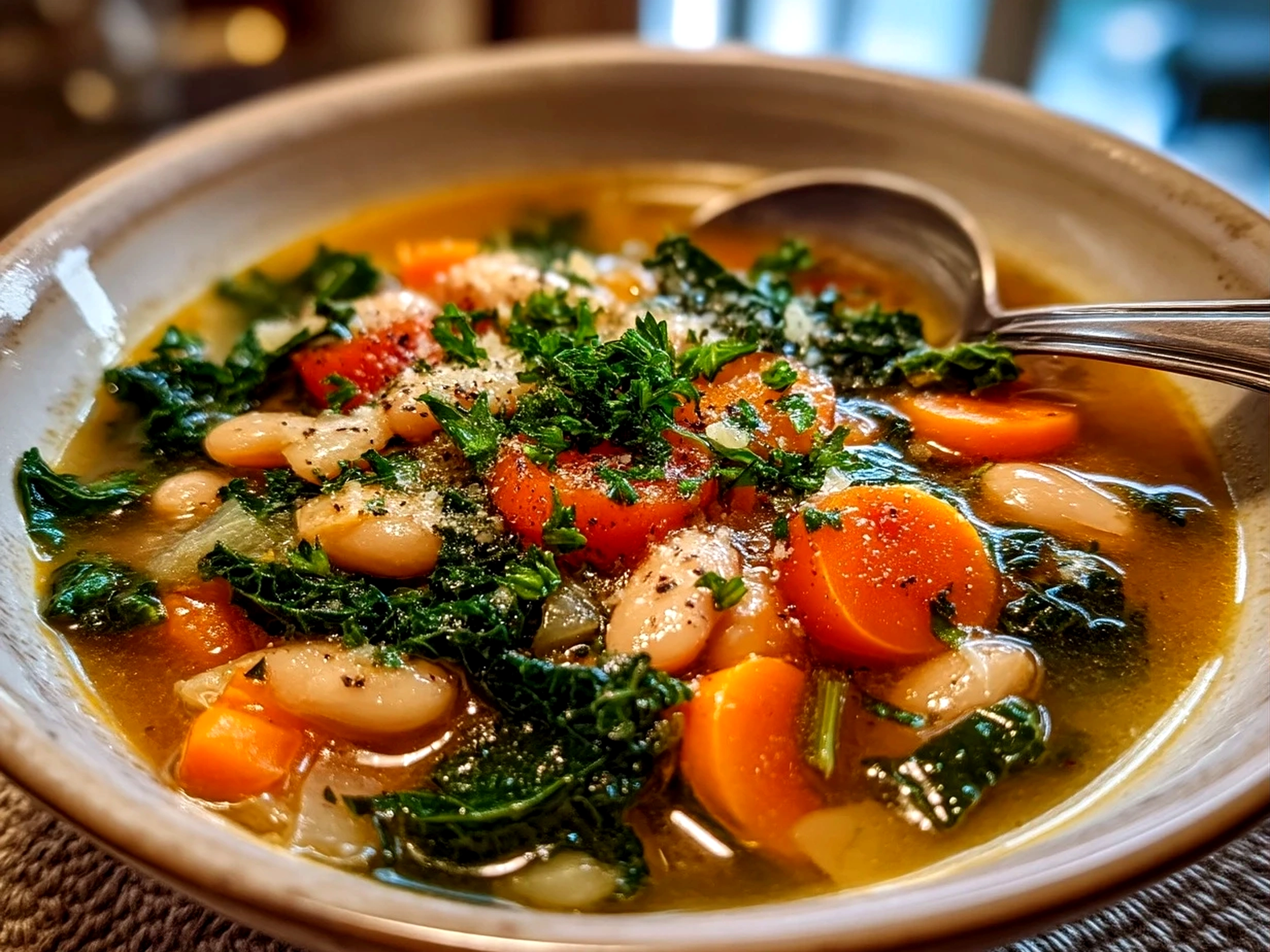 Finished bowl of White Bean Kale Soup served with fresh parsley and crusty bread