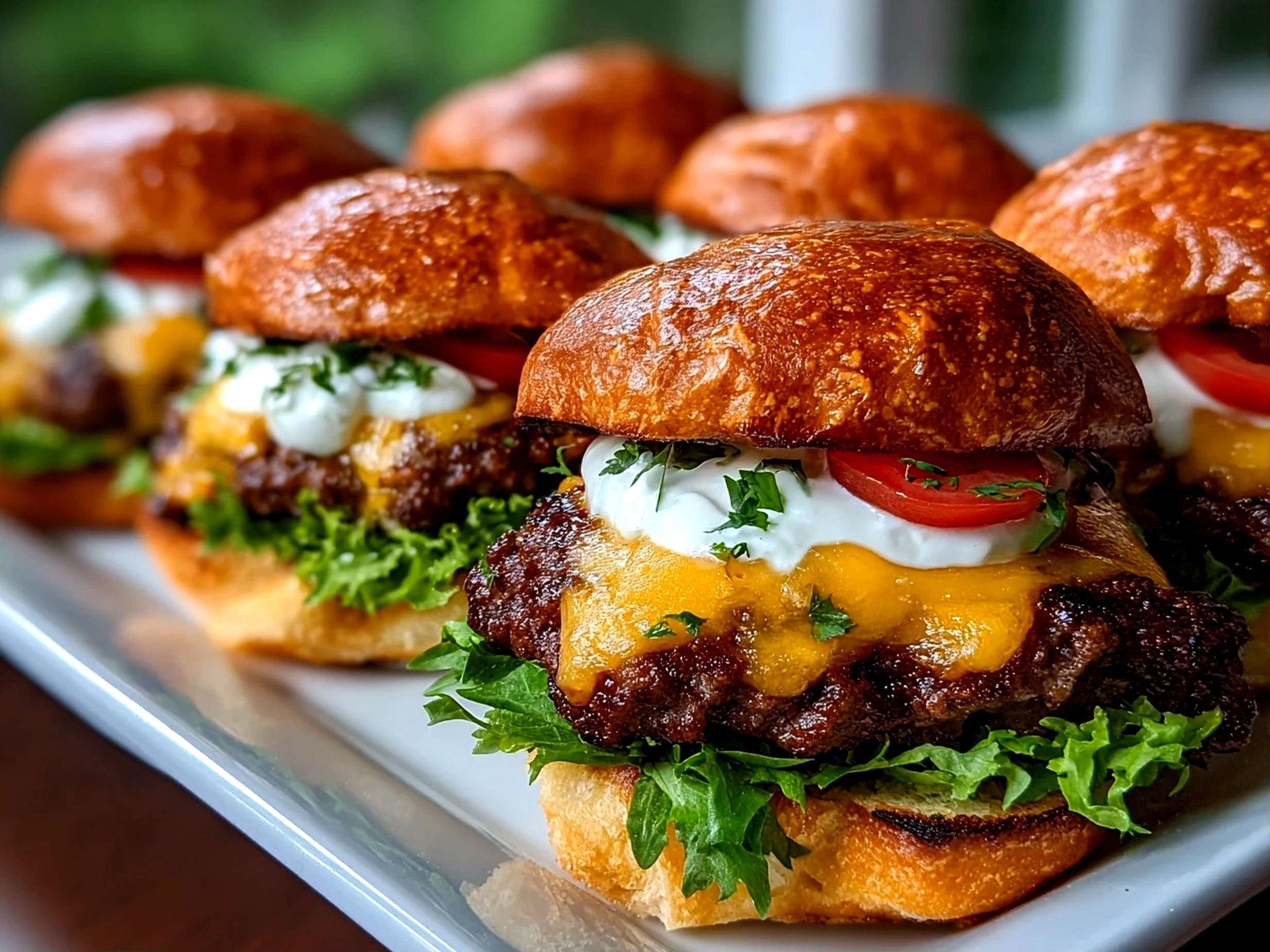 Food blogger, iPhone 15 Pro. Close-up slight angle of delicious loaded Big Mac sliders on white plate. Mouthwatering --ar 4:3 --style raw --s 260