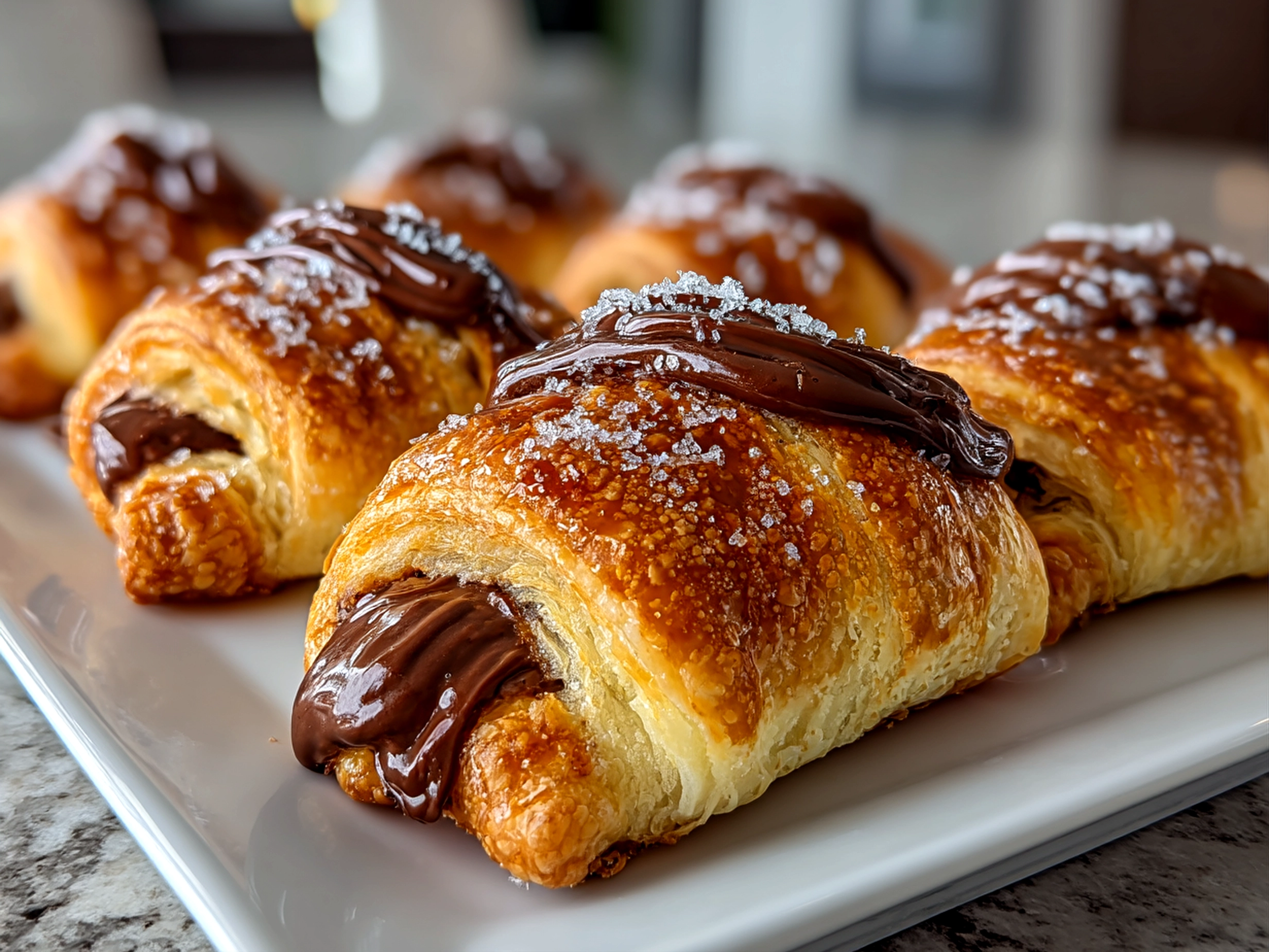 Close up of freshly baked Chocolate-Filled Nutella Crescent Rolls served warm