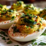 Fresh avocado deviled eggs close-up