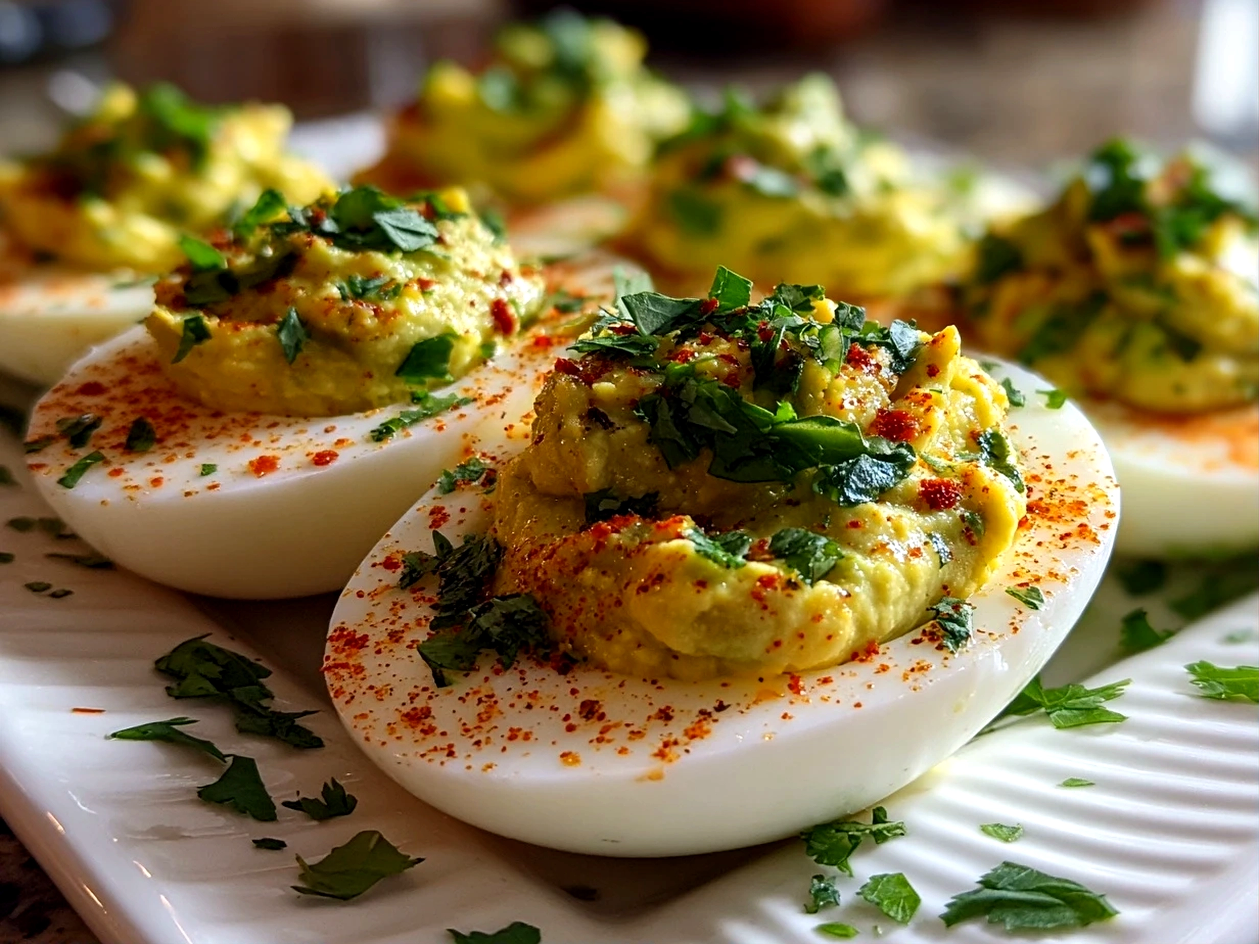 Fresh avocado deviled eggs close-up