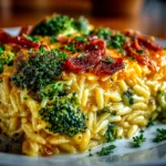 Freshly prepared Broccoli Cheddar Orzo Bake on white plate