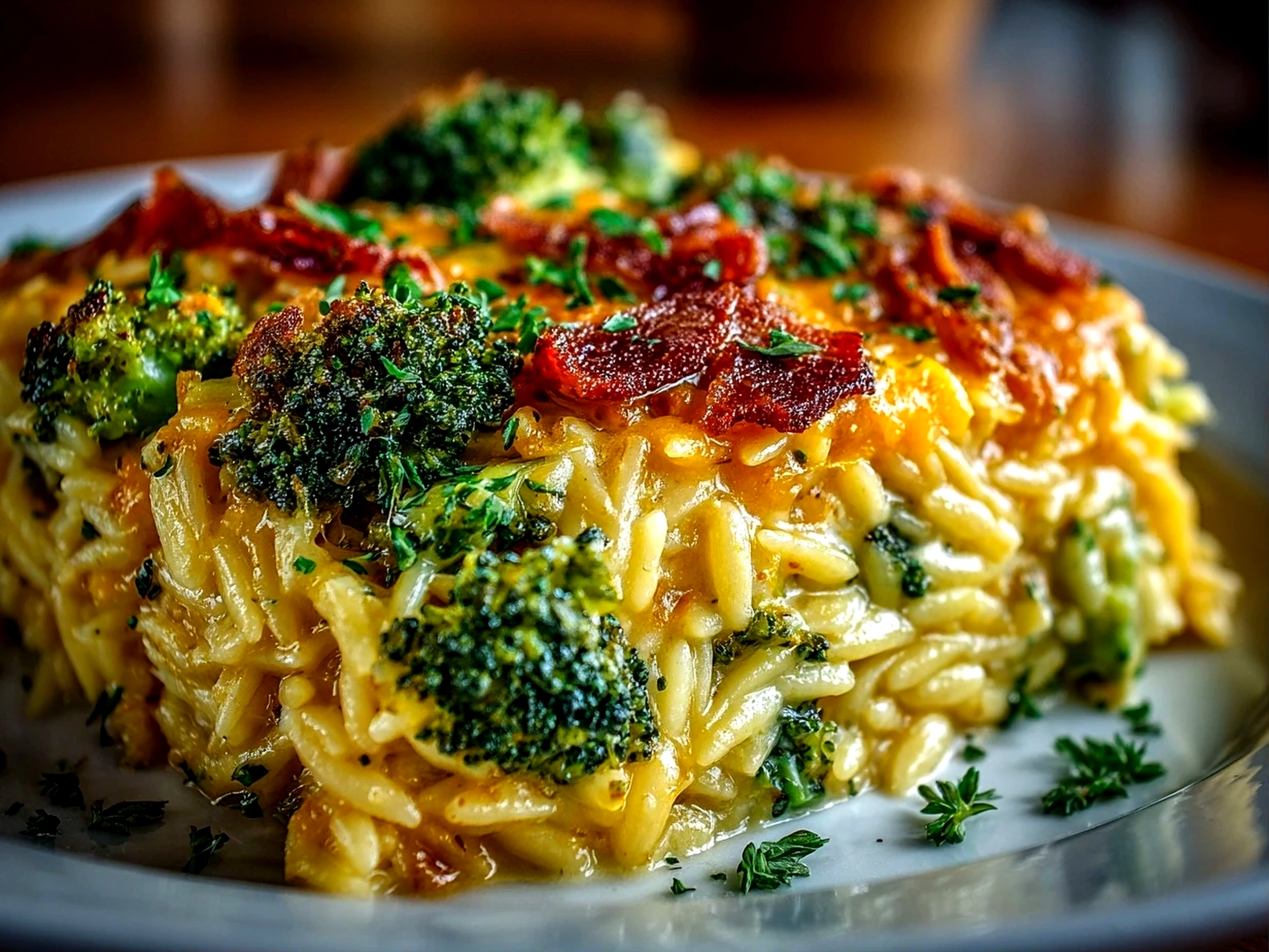 Freshly prepared Broccoli Cheddar Orzo Bake on white plate