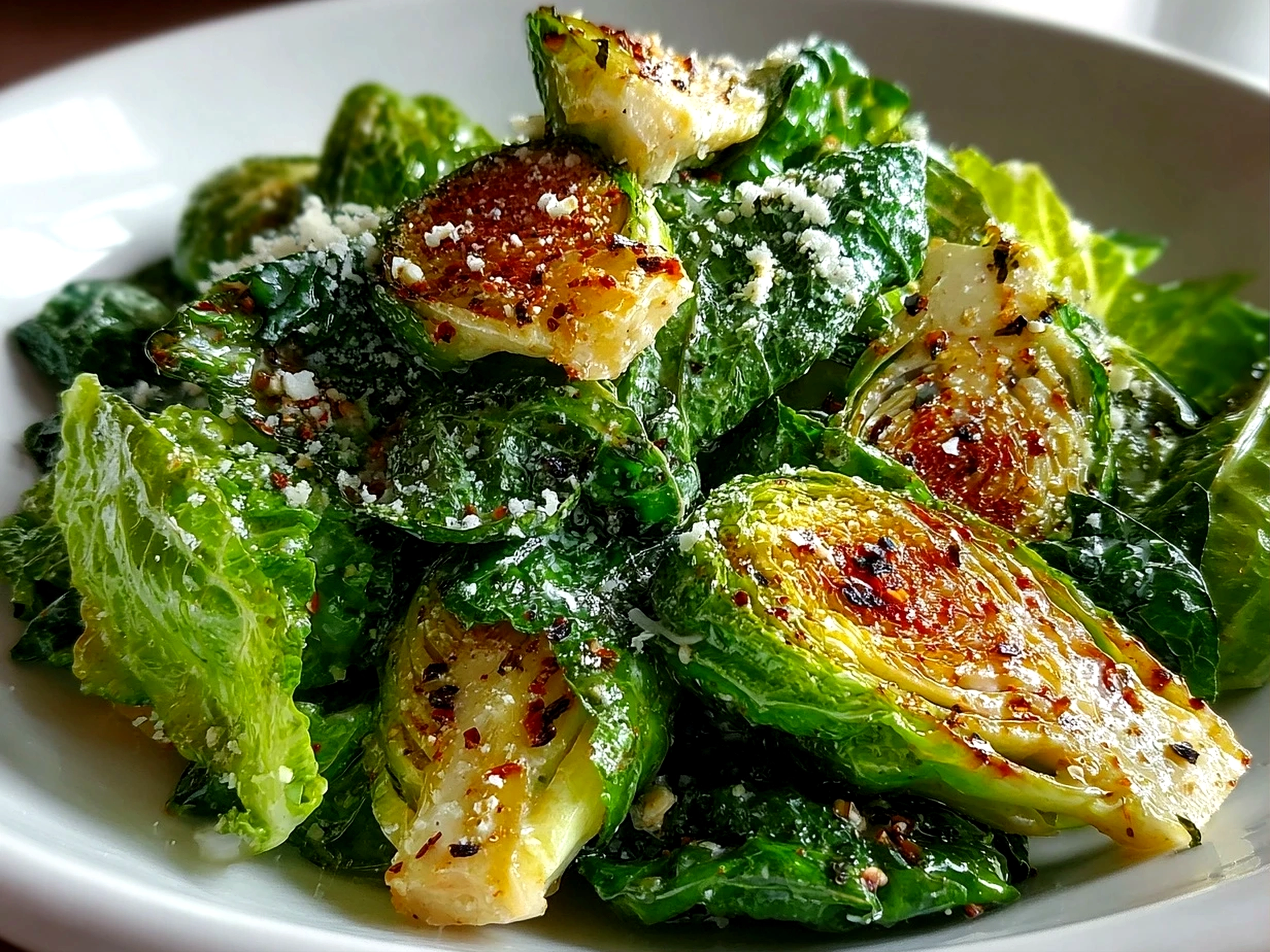 Freshly prepared Brussels Sprouts Caesar salad close-up