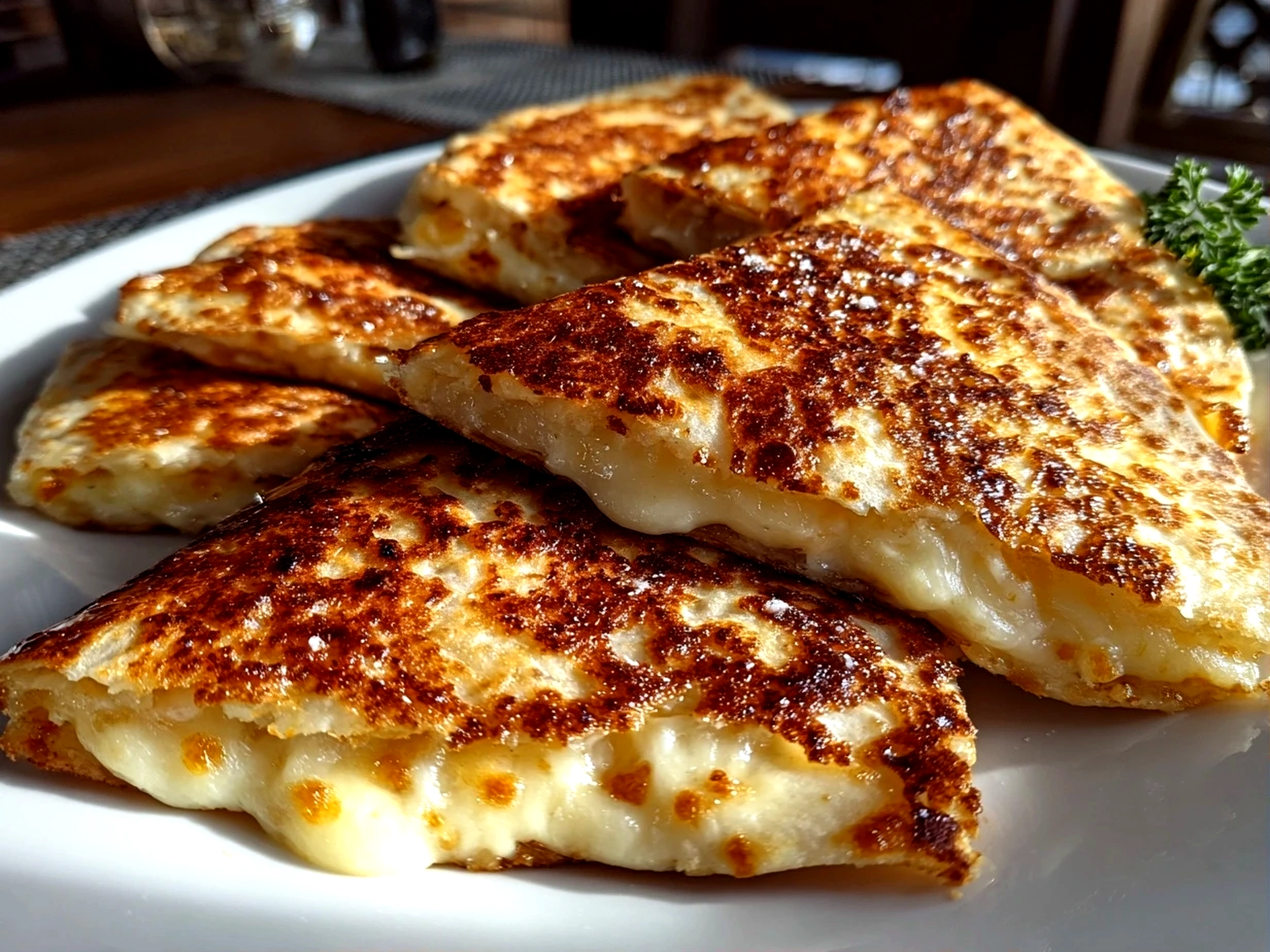 Freshly prepared cheese quesadilla on white plate with warm appetizing finish