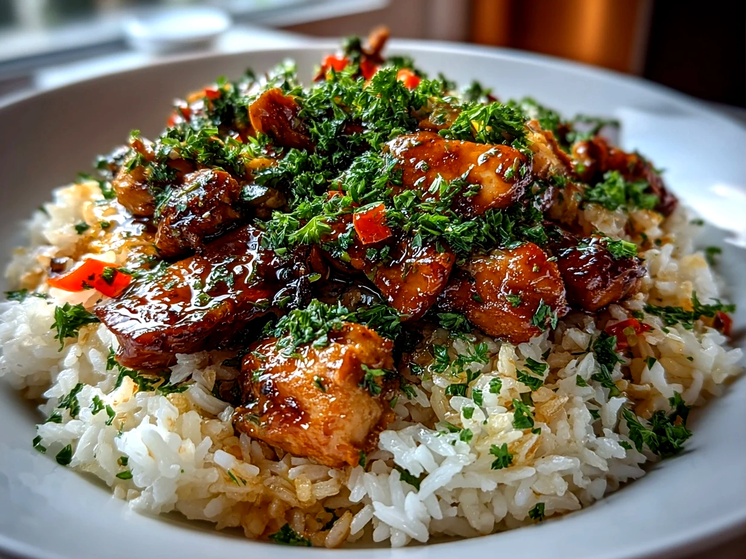 Freshly prepared Chicken And Rice Bowl plated