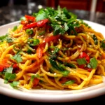 Freshly prepared cold sesame noodles plated on white dish